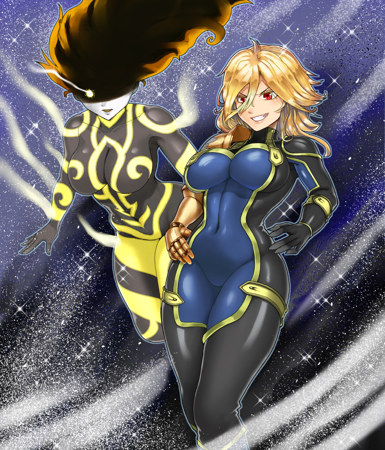 2 bodysuits, 2girls, armor, blonde hair, blonde-haired female, bodysuit, breasts, dimaria yesta, fairy tail, female, flying, jpeg, short hair, standing, tattoo, wide hips
