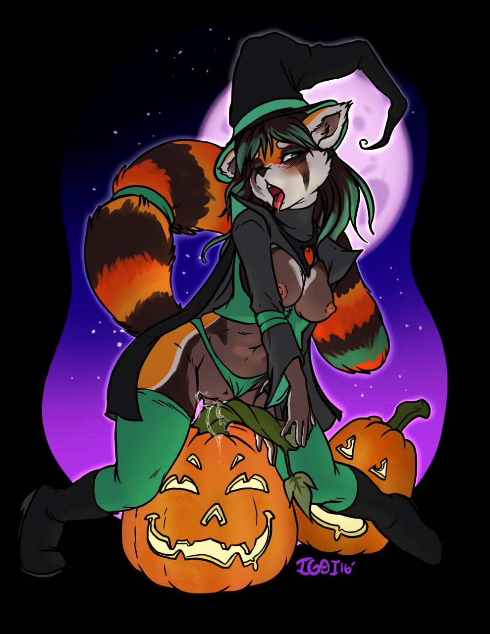 anthro blush breasts clothed_sex clothing female food fruit furry green_panties halloween hat holidays iggi long_hair magic_user mammal masturbation open_mouth panties panties_aside pumpkin pussy red_panda skimpy solo spread_legs thighhighs vega_(artica) witch