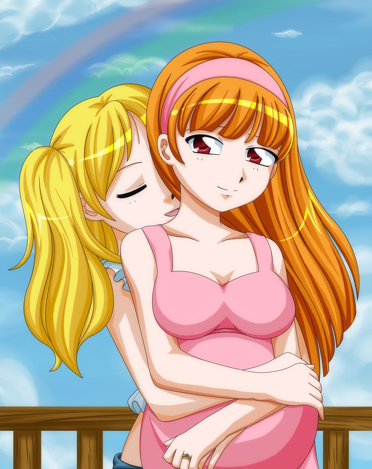 2girls, bangs, bare arms, bare shoulders, blonde hair, blossom (powerpuff girls), blunt bangs, breasts, bubbles (powerpuff girls), cleavage, closed eyes, closed mouth, clothing, cloud, collarbone, couple, day, dress, duo, family, female, hairband, hug from behind, hugging, incest, kissing, large breasts, love, mutual yuri, neck, neck kiss, open mouth, orange hair, outdoors, outside, pink dress, pink hairband, powerpuff girls, pregnant, rainbow, red eyes, shiny hair, siblings, sister, sisters, sky, sleeveless dress, smile, standing, straight hair, twintails, xenokurisu, yuri