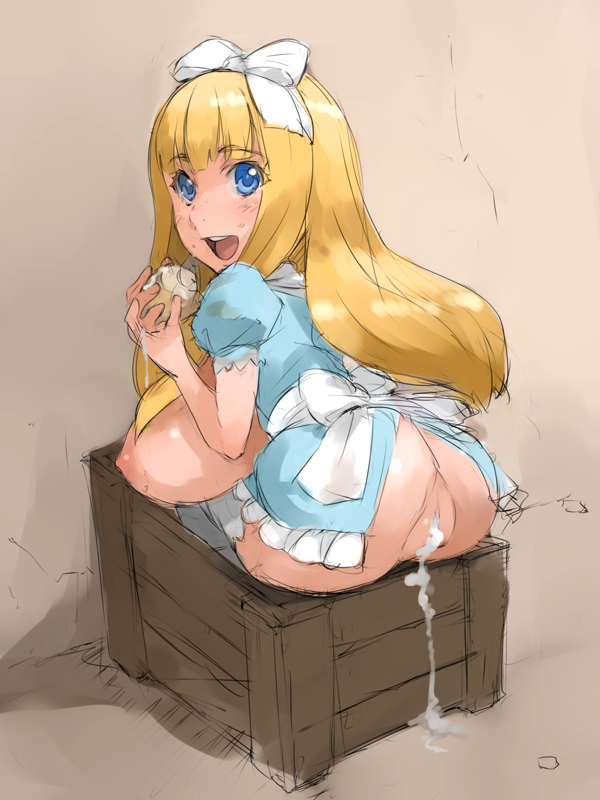 after_sex alice_in_wonderland alice_liddell ass blonde_hair blue_eyes blush breasts censored crate cum cum_in_pussy cumdrip dress eating female food from_behind huge_breasts in_box in_container koboshi_no_niwa large_breasts looking_at_viewer looking_back open_mouth puffy_short_sleeves pussy sitting smile tsuyo_(koboshi_no_niwa)