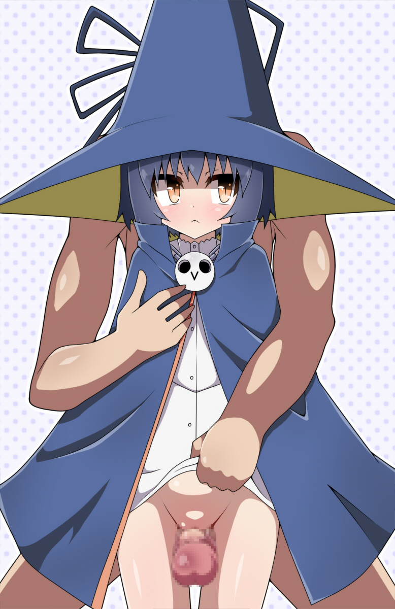 1boy blue_hair bottomless brown_eyes censored clothed_female_nude_male faceless faceless_male female hat highres hiren maji_moji_rurumo mosaic_censoring nude outercourse penis polka_dot polka_dot_background pussy robe rurumo short_hair solo_focus thigh_sex witch witch_hat