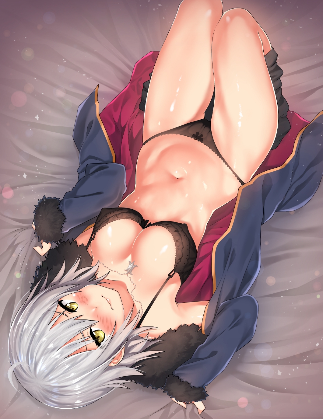 1girls, bare legs, bed sheet, black bra, black panties, blush, bra, breasts, cape, cleavage, embarrassed, fate (series), female, full body, highres, jeanne alter, jeanne d'arc (fate), jeanne d'arc (ruler) (fate), jeanne d'arc alter (fate), jeanne d'arc alter (ver. shinjuku 1999) (fate), kawai (purplrpouni), knees up, large breasts, midriff, navel, nipple bulge, official alternate costume, panties, pokies, sheet grab, silver hair, solo, stomach, thigh gap, underwear, upside-down, yellow eyes