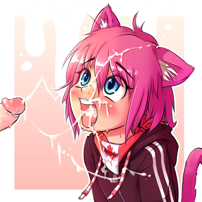 animal ears, blue eyes, blush, cat ears, cum, cum in hair, cum in mouth, cum inside, cum on face, eyebrows, eyelashes, fellatio, female, hoodie, hoodie (artist), humanoid, inner ear fluff, male, mammal, open mouth, oral, pink hair, scarf, sex, simple background, teeth, tongue