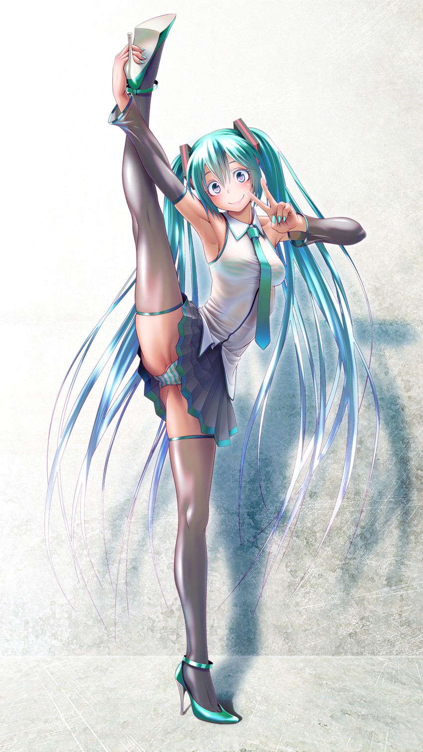 1girl, alternate breast size, aqua eyes, aqua hair, aqua nails, arm up, armpits, black skirt, blush, boots, bra, breasts, cameltoe, covered nipples, detached sleeves, female, female only, flexible, full body, hair between eyes, hair ornament, hatsune miku, high heels, leg lift, leg up, legs, long hair, looking at viewer, medium breasts, nail polish, nails, necktie, panties, pantyshot, pleated skirt, see-through, skirt, smile, solo, split, splits, spread legs, standing, standing on one leg, standing split, stockings, striped, striped bikini, striped bra, striped panties, thigh boots, thighhighs, tied hair, twintails, underwear, v, vertical splits, very long hair, vocaloid, wokada