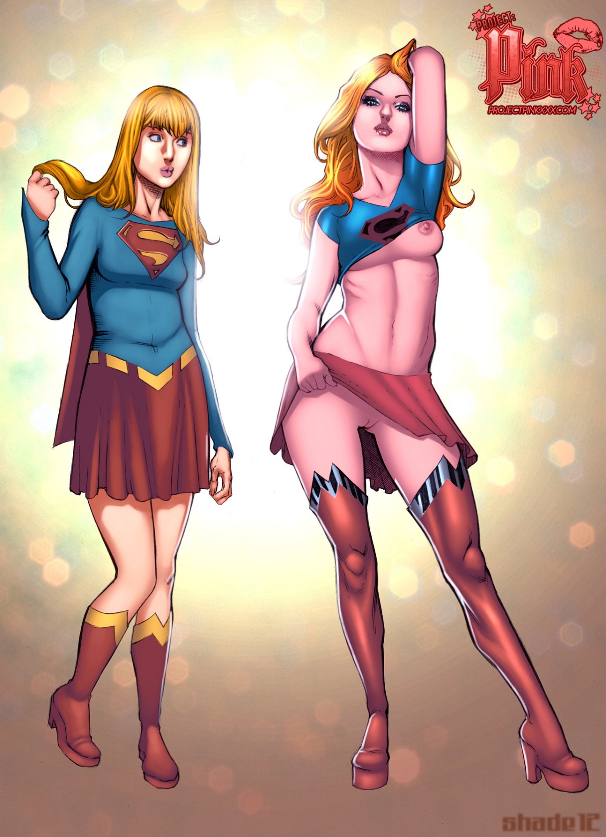 2012, 2girls, belly, bimbo, bimbofication, blonde hair, blue eyes, breasts, cape, comparison, covered breasts, dc, dc comics, dual persona, female, female only, high heel boots, high heels, hips, kara zor-el, large breasts, legs, long hair, multiple females, multiple girls, navel, nipples, pussy, shade jones, shirt, shirt lift, shoes, side by side, skirt, skirt lift, small breasts, supergirl, superman (series), thighs, vagina