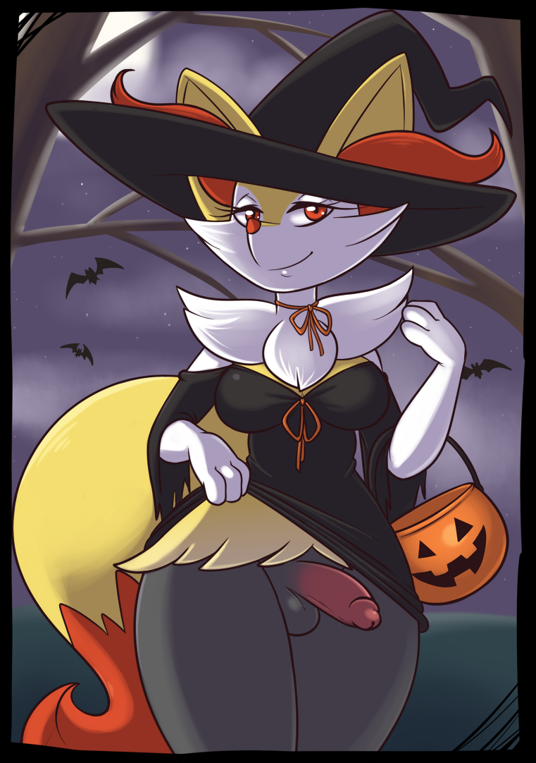 1futa 1girls 2016 anthro bag balls bare_shoulders bat black_border black_fur border braixen breasts canine cleavage clothed clothing clothing_lift curvy dress dress_lift erect_nipples erection erection_under_clothes erection_under_skirt eyelashes fox full_moon furry futa_only futanari halloween hat holding holidays humanoid_penis intersex large_breasts looking_at_viewer mammal moon night nintendo nipple_bulge nipples no_panties open_mouth orange_fur outdoors outside paws penis penis_out penis_under_clothes penis_under_skirt pokémon_(species) pokemon pokemon_(species) pokemon_xy pokemorph rapps red_eyes ribbon skirt skirt_lift smile solo standing tail video_games white_fur witch witch_hat yellow_fur