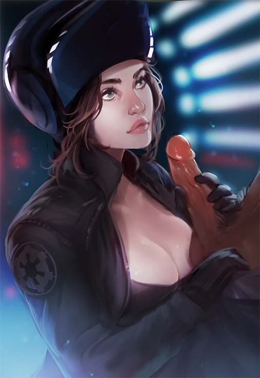 1boy 1girls breasts cleavage disguise erection female handjob human imperial_deck_technician jyn_erso male penis raunchyninja rogue_one:_a_star_wars_story scarif solo_focus star_wars straight