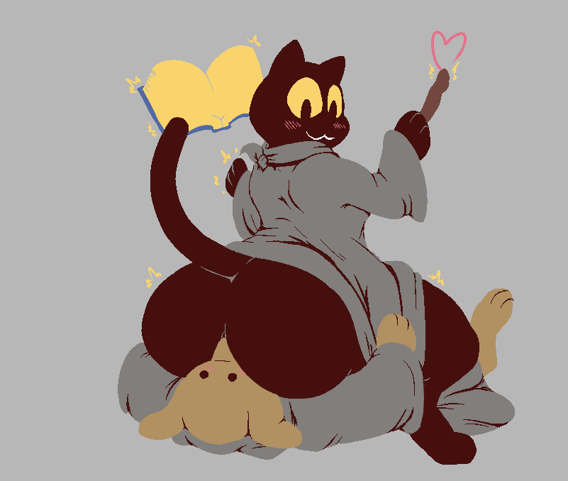 1boy, 1girls, anal, anthro, ass, ass expansion, back, black fur, blush, book, breasts, brown fur, canine, cloak, clothes, clothing, expansion, facesitting, feet, feline, female, fur, furry, google, heart, interspecies, magic, male, mammal, momo (google), oral, paws, rimming, sex, signirsol, simple background, straight, thick thighs, wand, wide hips