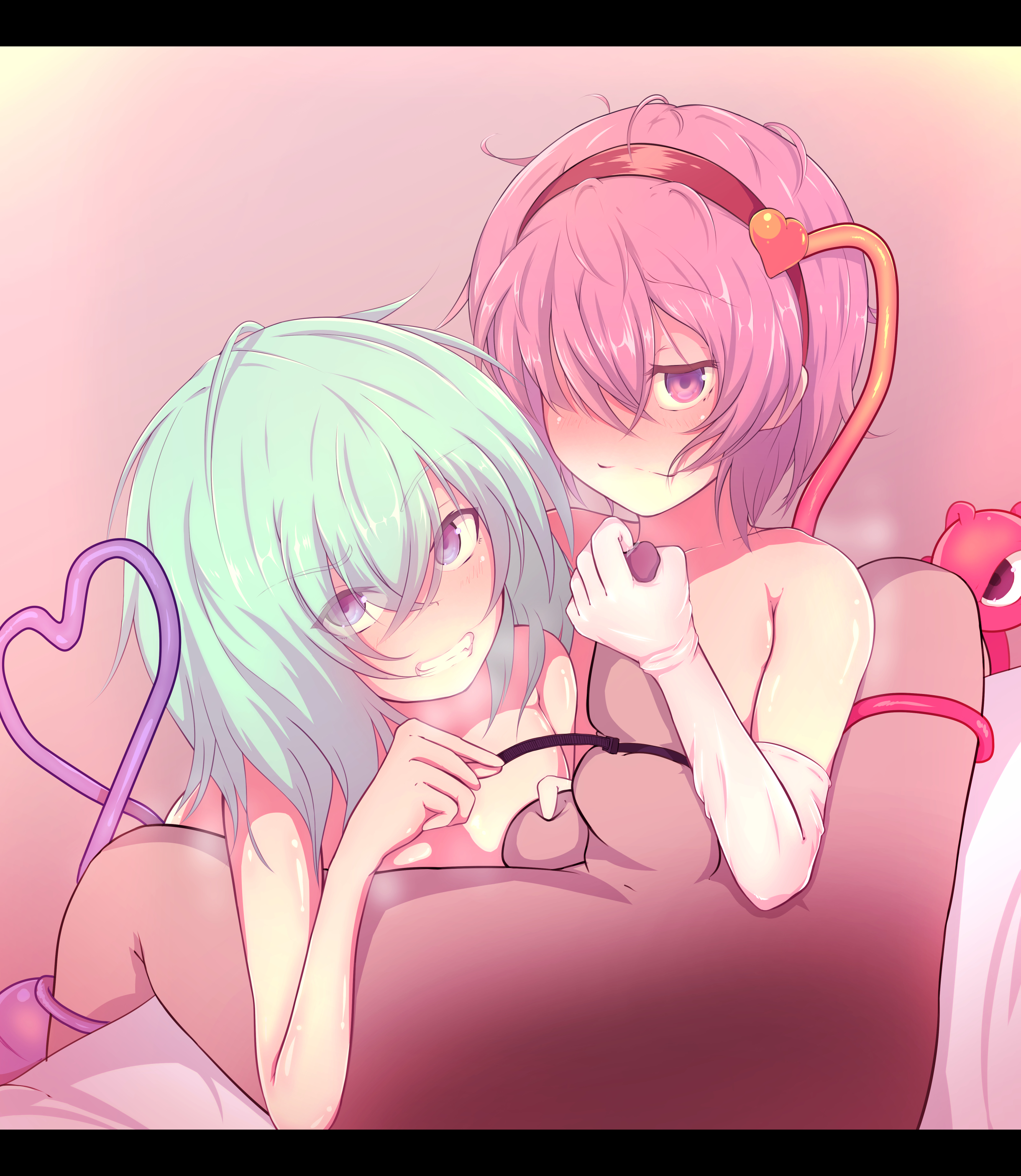 1boy, 2girls, balls, concealli!i!i!l, cyan hair, elbow gloves, female, femdom, from below, gloves, grin, hairband, koishi komeiji, light smile, looking at viewer, male, male urethral insertion, multiple females, multiple girls, nude, penile urethral insertion, penis, pink hair, pov, pov eye contact, satori komeiji, touhou, urethral fingering, urethral insertion, white gloves