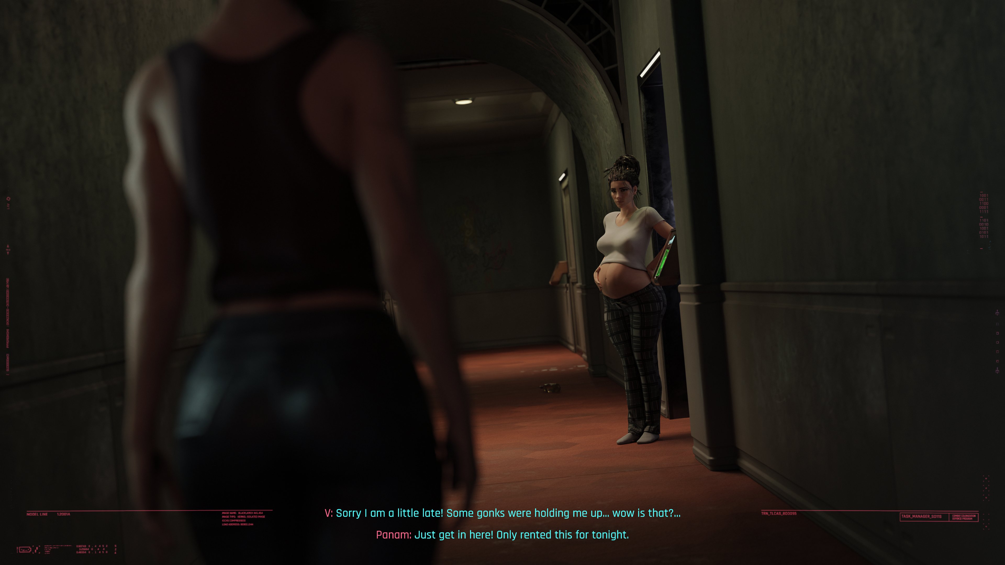 1futa, 1girls, 3d, 4k, absurdres, blender, cyberpunk 2077, dinoboy555, female, futanari, highres, intersex, panam palmer, pregnant, text, v (cyberpunk 2077), valerie (cyberpunk 2077)