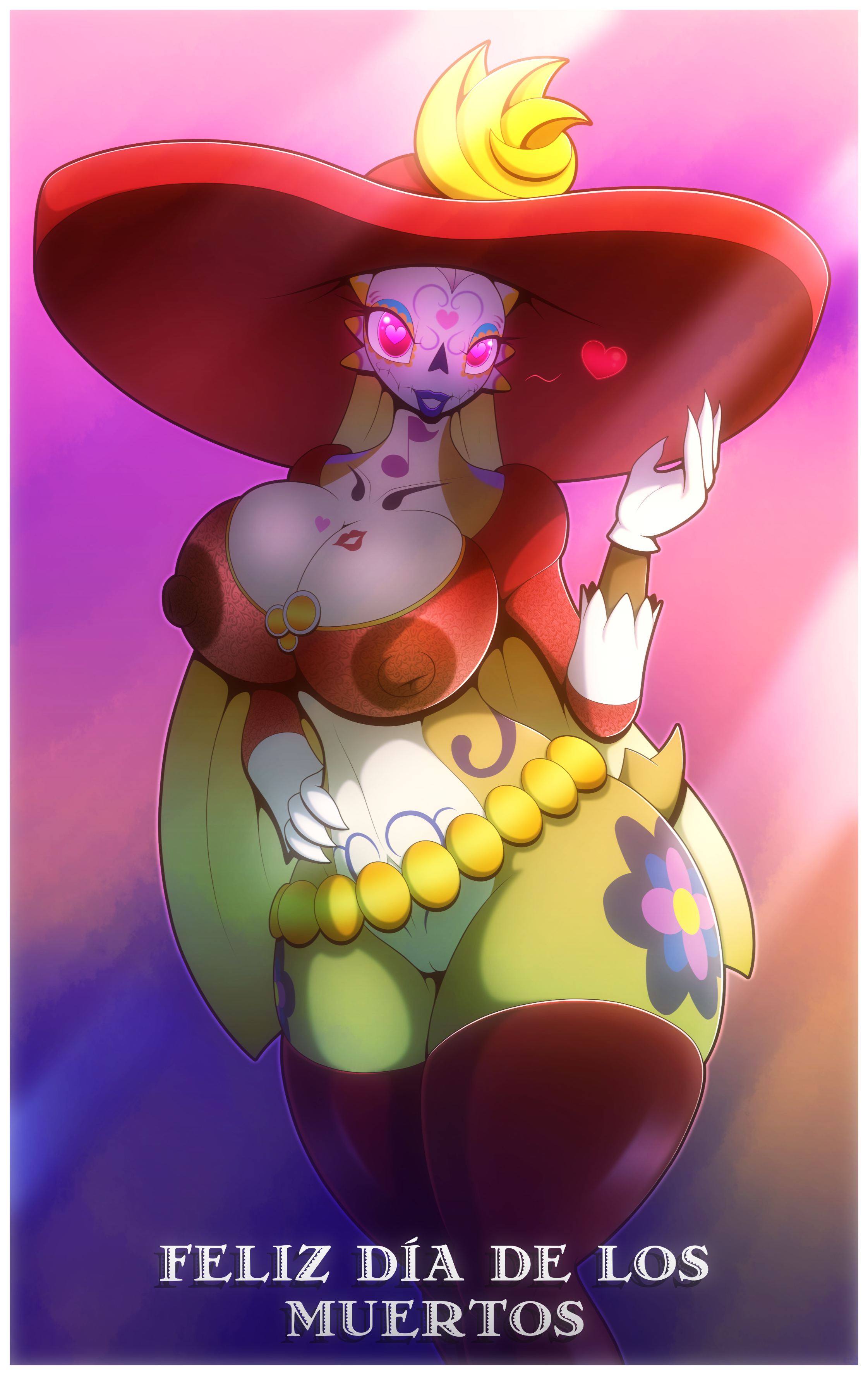 <3 eyes, 2016, anthro, areola, big areola, big breasts, big nipples, bodypaint, breasts, claws, clothing, face paint, female, female focus, female only, hat, heart, huge breasts, huge hips, lips, long hair, looking at viewer, make-up, marowak, navel, nintendo, nipples, pokémon (species), pokemon, pokemon (species), presenting, r-mk, red eyes, scalie, seductive, solo, thick thighs, thighs, video games, voluptuous, wide hips
