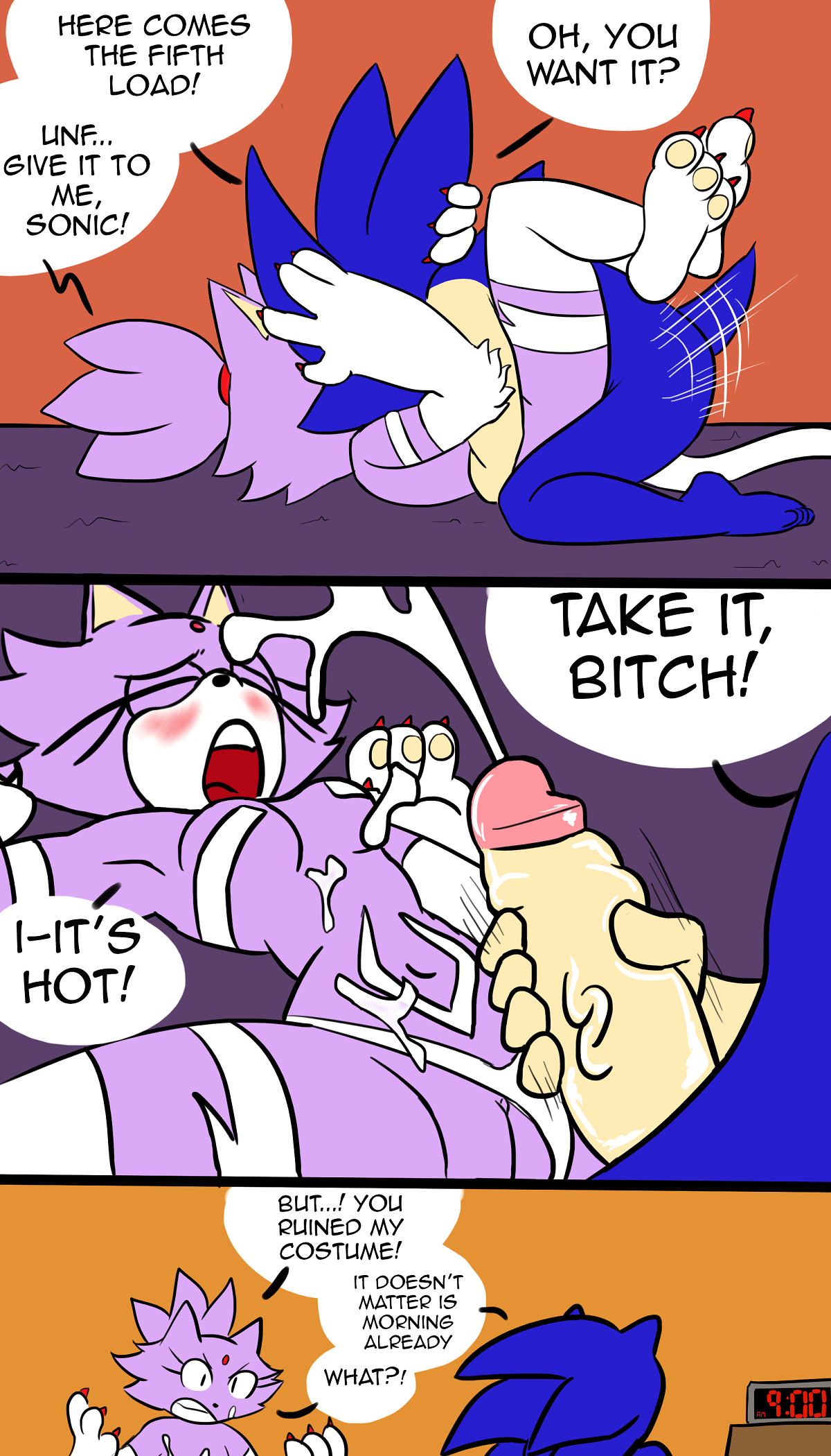 anthro, blaze the cat, blue fur, blush, breasts, comic, cum, cum on breasts, cum on face, cumshot, darkstalkers, ejaculation, feline, female, fur, halloween costume, hedgehog, huge cock, leg lock, male, mammal, orgasm, penis, purple fur, pussy, sega, small breasts, sonic (series), sonic the hedgehog, sonic the hedgehog (series), video games, viktor2