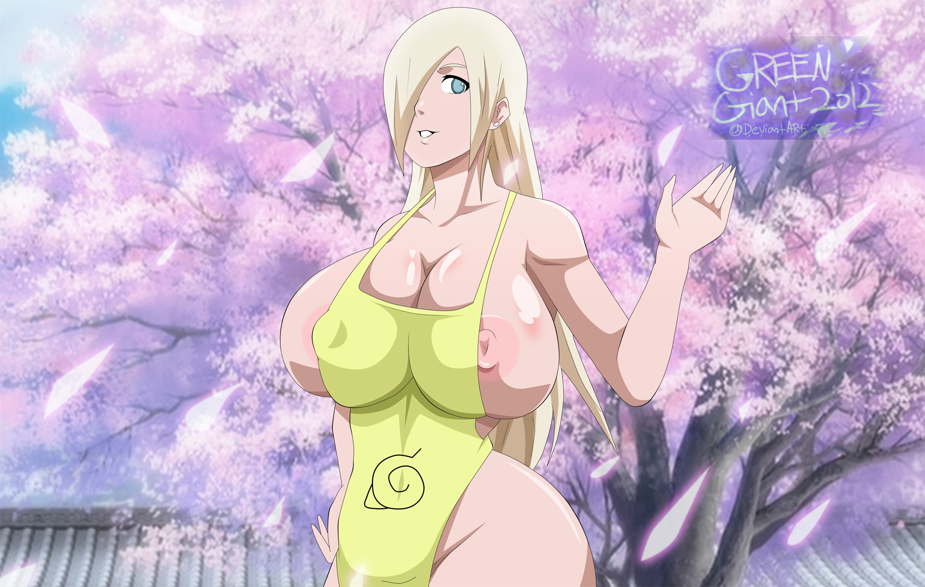 1girls, apron, areola, areolae, ass, bare shoulders, big ass, bimbo, blonde hair, blue eyes, breasts, busty, cleavage, earrings, erect nipples, eyebrows, eyelashes, female, female only, fingers, gigantic breasts, greengiant2012, hair over one eye, hands, hips, hourglass figure, ino yamanaka, large breasts, long hair, looking at viewer, milf, naked apron, naruto, naruto (series), nipples, nose, shiny, shiny skin, smiling, solo, stomach, tree, very long hair, voluptuous, yamanaka ino