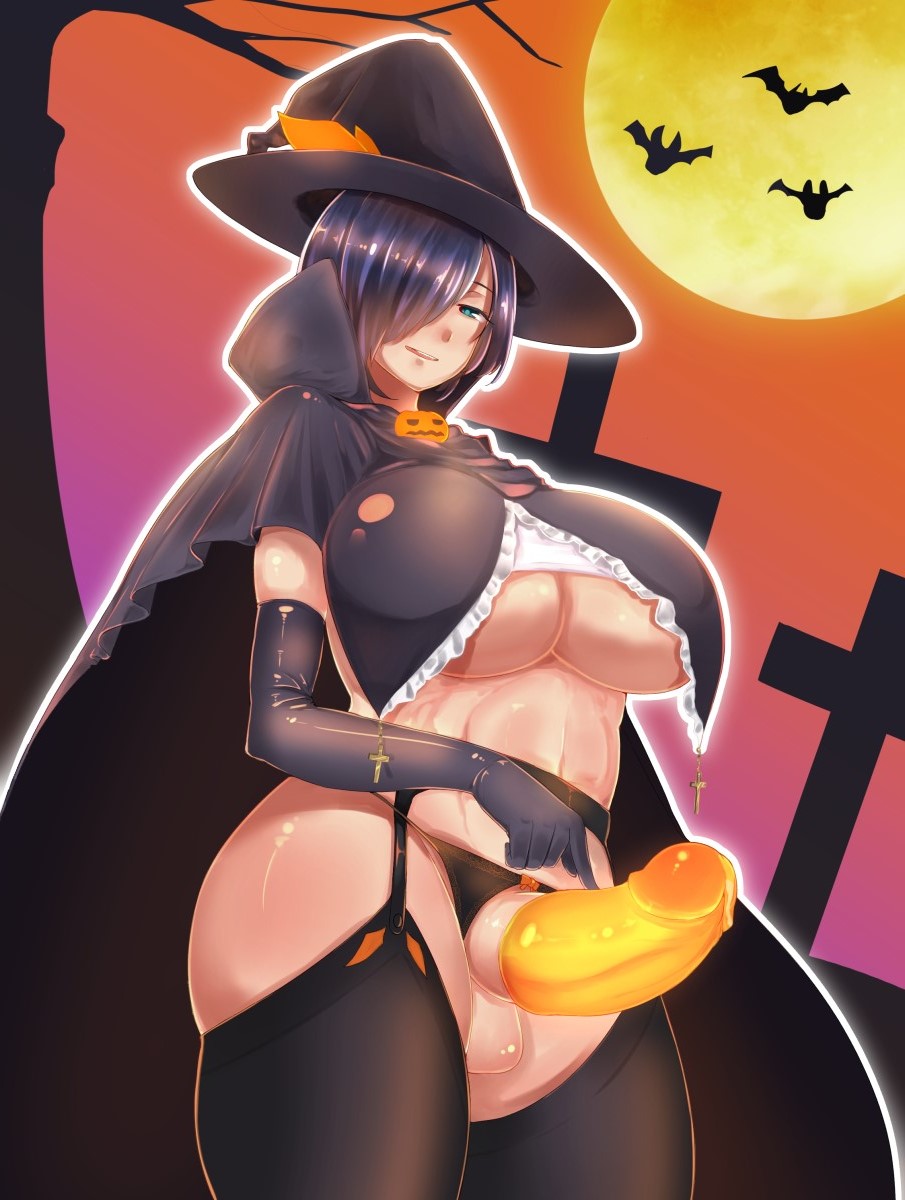 1futa, balls, big breasts, bimbo, breasts, busty, cleavage, condom, condom on penis, crucifix, foreskin, futa only, futanari, garter belt, garter straps, green eyes, hair over eye, hair over one eye, intersex, large breasts, looking at viewer, penis, purple hair, solo, testicles, thighhighs, uncircumcised, urakata (artist), voluptuous, witch, witch hat