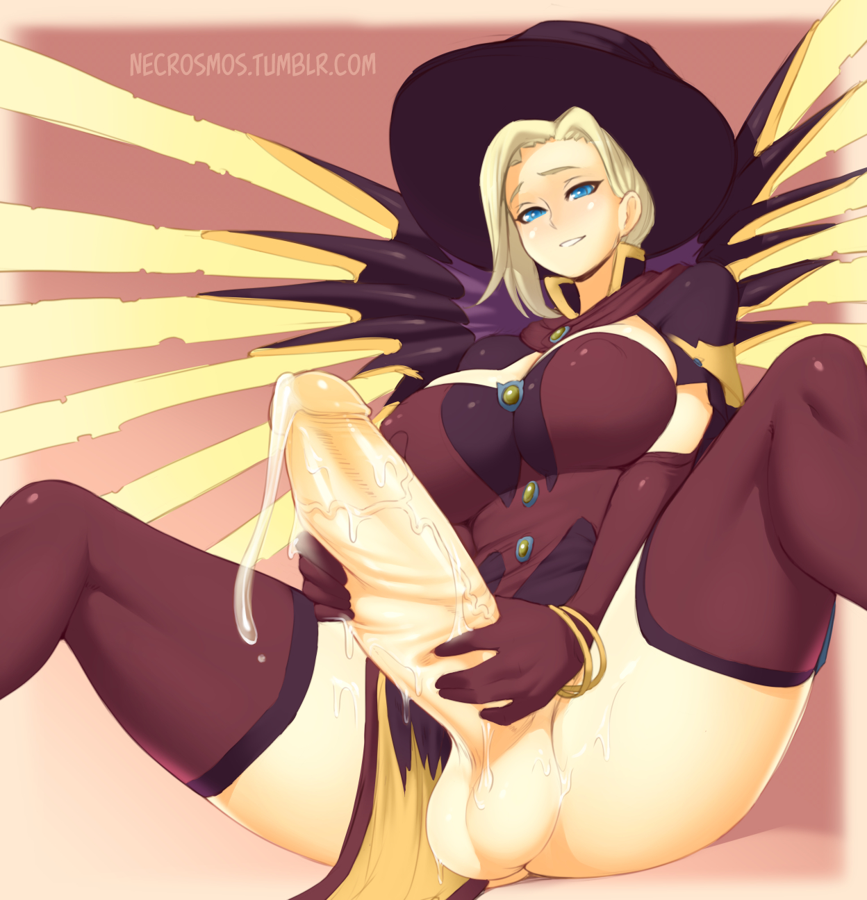 1futa, alternate costume, balls, big breasts, blonde hair, blue eyes, breasts, cleavage, cum, erection, futa only, futanari, halloween, huge cock, intersex, large breasts, looking at viewer, mercy, necrosmos, overwatch, penis, solo, spread legs, taker pov, testicles, thighhighs, witch, witch hat, witch mercy