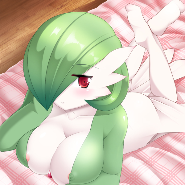 1girls areolae arm_support ass bed big_breasts bored breasts cleavage dress feet female_only gardevoir green_hair hair_over_one_eye half-closed_eyes kuroimori99 large_breasts looking_at_viewer nintendo nipples on_bed pokemon pokemon_(species) pokemon_rse red_eyes see-through short_hair soles solo source_request white_skin