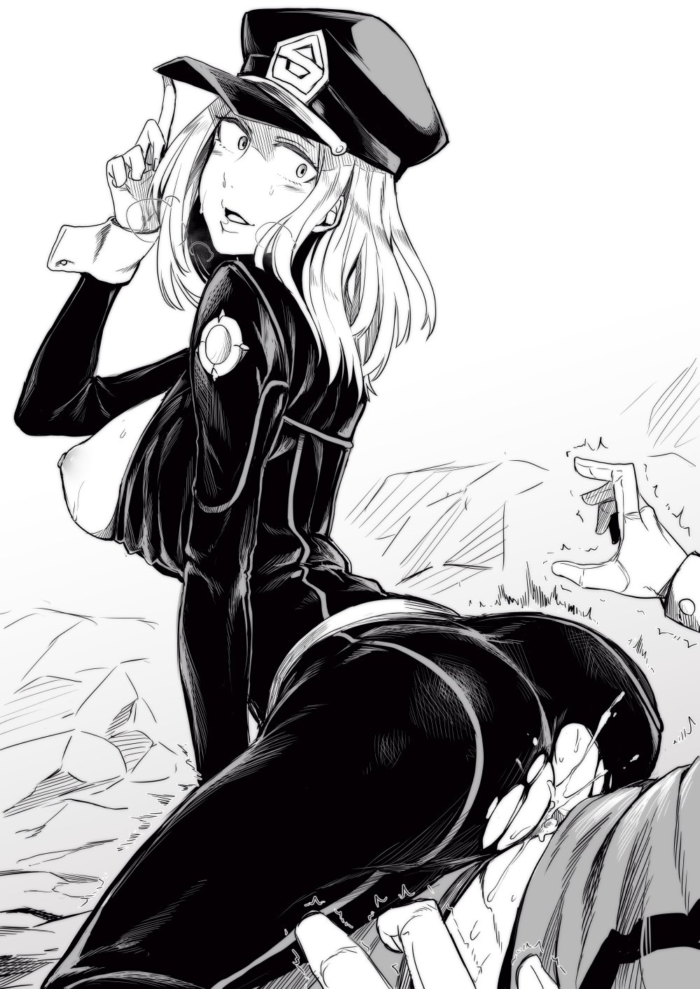 1boy adjusting_hat ass breasts breasts_out camie_utsushimi cum cum_in_pussy cum_inside domination eyelashes female femdom hat izuku_midoriya large_breasts male monochrome my_hero_academia nakamura_regura peaked_cap regura reverse_cowgirl_position sentones sex shiketsu_high_school_cap straight sweat torn_clothes torn_pants vaginal_penetration white_background