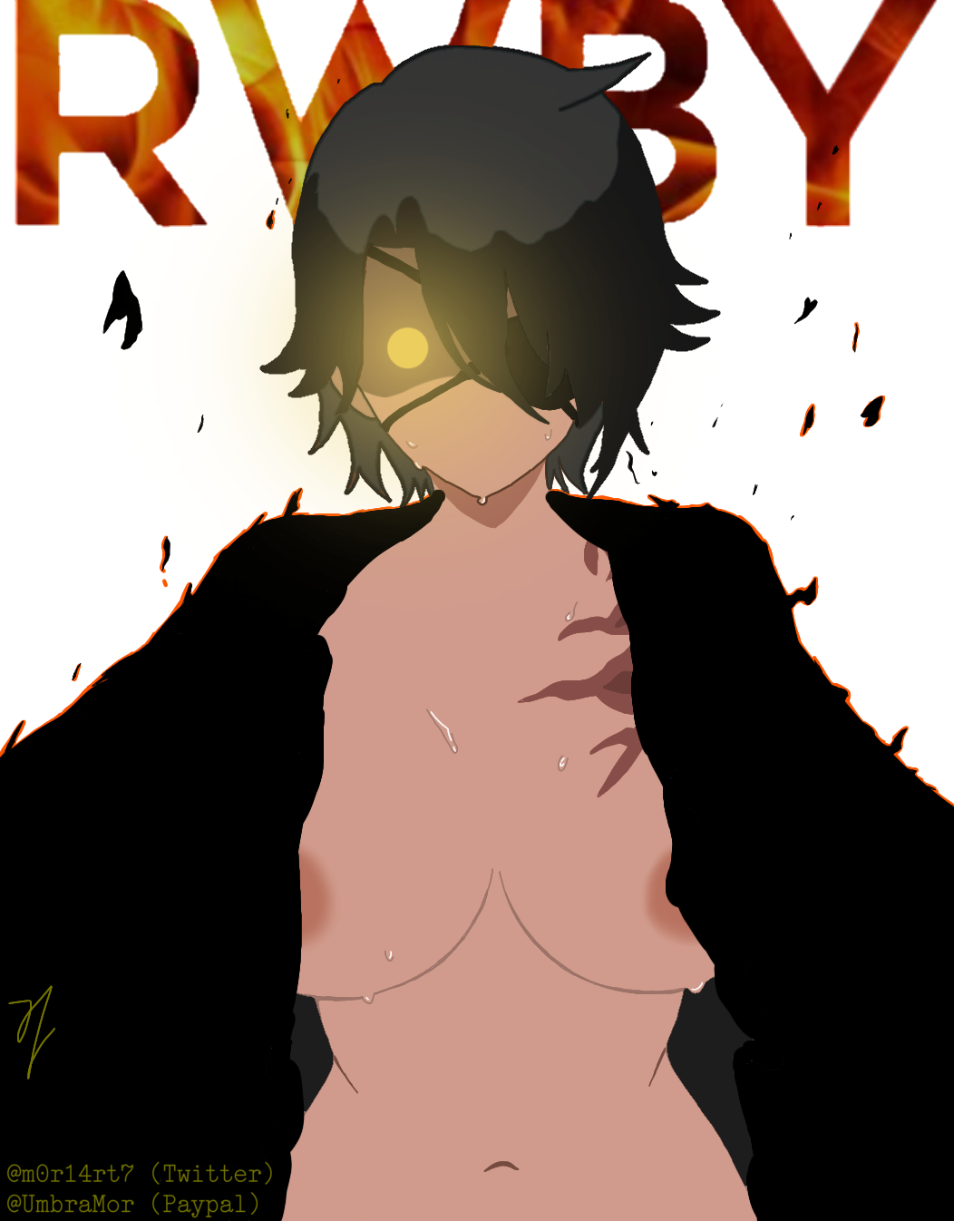 black_cloak bleach:_the_thousand-year_blood_war burn_scar burning cinder_fall cloak_only cosplay eyepatch fire glowing_eye m0r14rt7 obscured_nipples one_eye_covered parody_porn rwby scar short_hair sweat sweaty text white_background yamamoto-genryuusai_shigekuni