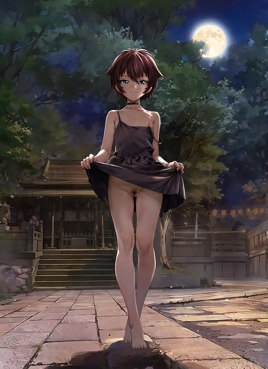 bare_shoulders barefoot black_choker black_dress blue_eyes breasts brown_hair choker clothes_lift dress dress_lift female full_body full_moon hair_between_eyes highres lifting_own_clothes looking_at_viewer moon night nipples no_bra no_panties original outdoors pubic_hair short_hair shrine small_breasts smirk solo strap_slip sundress temple tree unno_hotaru walking