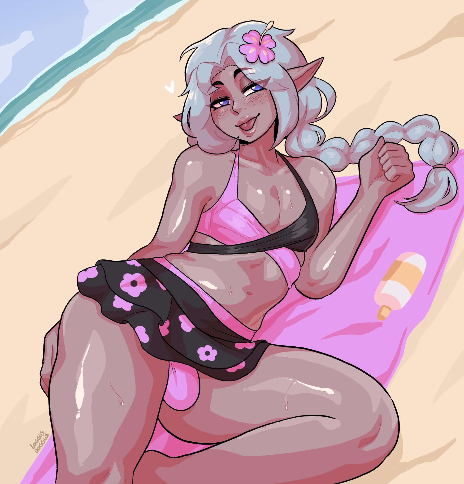 1boy, 2d, beach, beach towel, blep, blue eyes, blush, braid, bulge, color, commission, dark skin, dark-skinned femboy, elf, elf ears, elf femboy, elf male, femboy, flowe, flower in hair, freckles, full color, girly, grey hair, grey skin, hair ribbon, hi res, indie virtual youtuber, loggus doggus, long hair, looking at viewer, lying, lying on side, male, male only, narrowed eyes, naughty face, sarris, seaside, smiling, smiling at viewer, solo, swimwear, thick thighs, virtual youtuber, youtubers