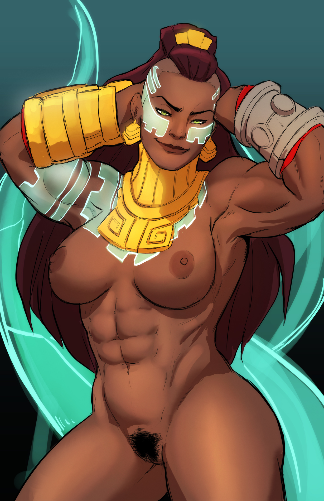 1girls, abs, areola, armpit, bare shoulders, belly, bracelet, breasts, brown hair, brown skin, dark skin, dark-skinned female, erect nipples, fat mons, female, female only, green eyes, hips, huge breasts, illaoi, jewelry, large breasts, league of legends, legs, long hair, muscular, muscular female, naavs, navel, nipples, nude, perky breasts, pose, pubic hair, purple hair, pussy, side shave, smile, solo, tattoos, thick thighs, thighs, topless, undercut, vagina