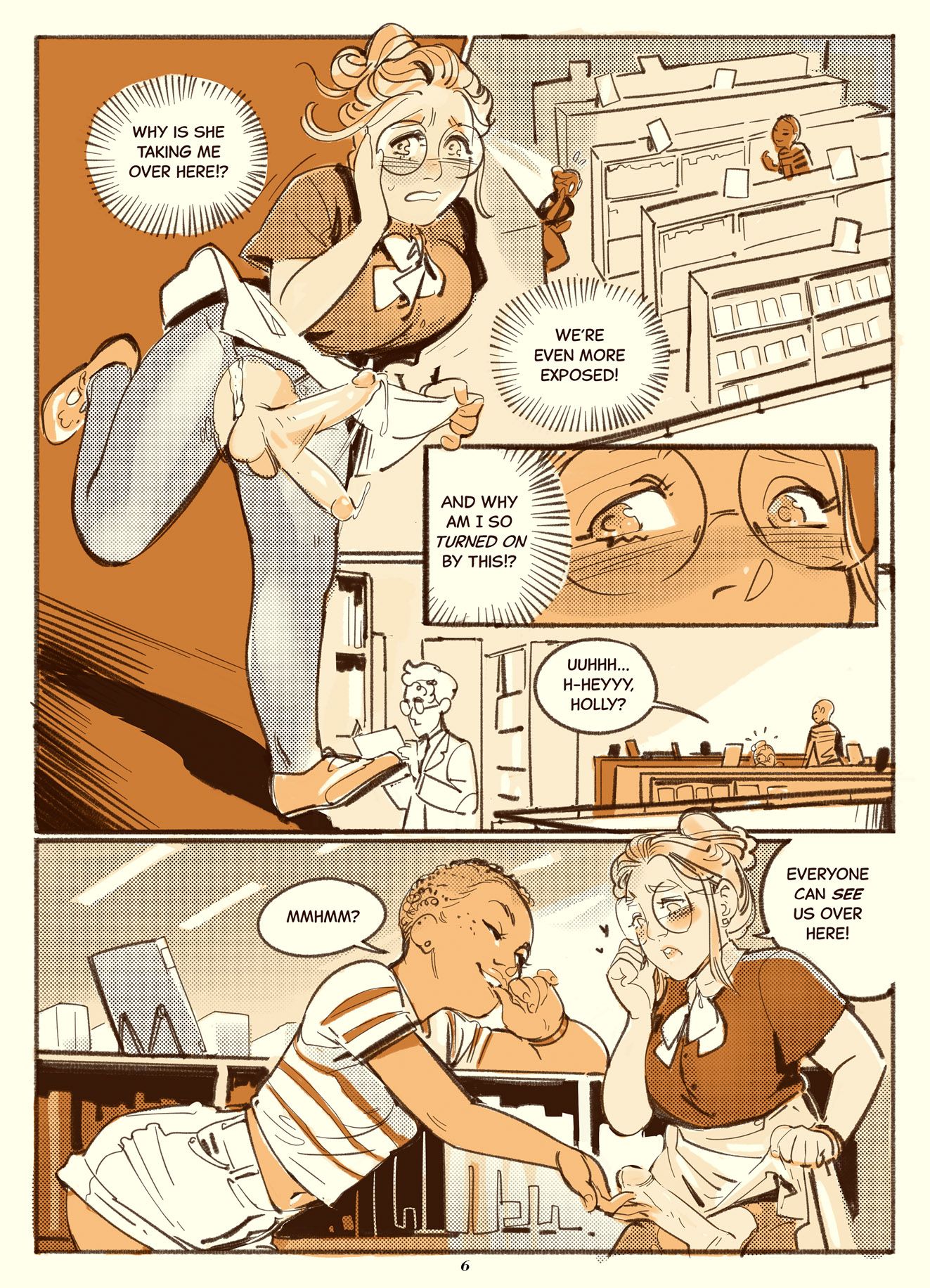 2girls, balls, comic, comic page, dark skin, dark-skinned female, embarrassed, english dialogue, english text, erection, exposed penis, female, floppy cock, futa, futa on female, futanari, holly (wintonkidd), interracial, intersex, libby (wintonkidd), light skin, light-skinned futa, male, penis, short hair, short hair female, speech bubble, streaking, tagme, wintonkidd