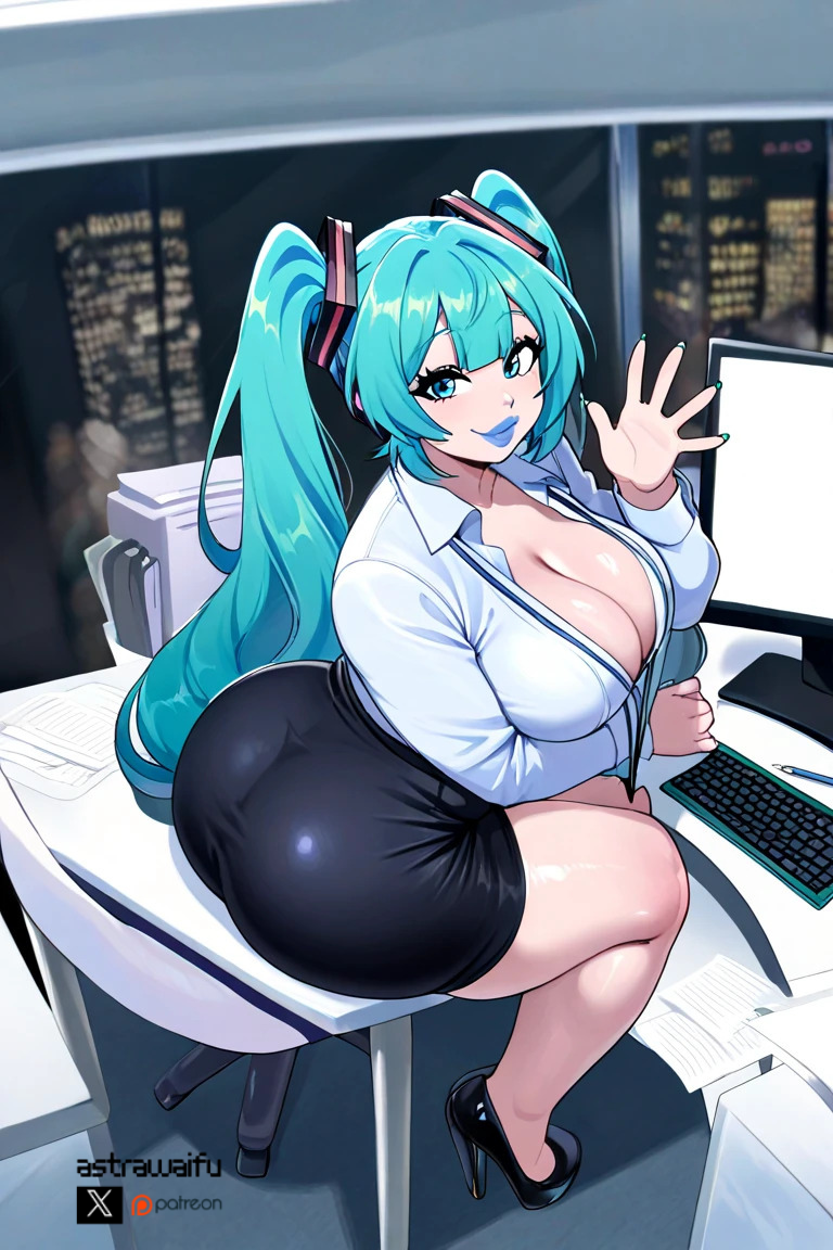 ai_generated astrawaifu big_ass big_breasts big_butt blue_eyes blue_hair hatsune_miku large_breasts light-skinned_female looking_at_viewer mature_female office_clothing office_lady pale-skinned_female secretary vocaloid waving