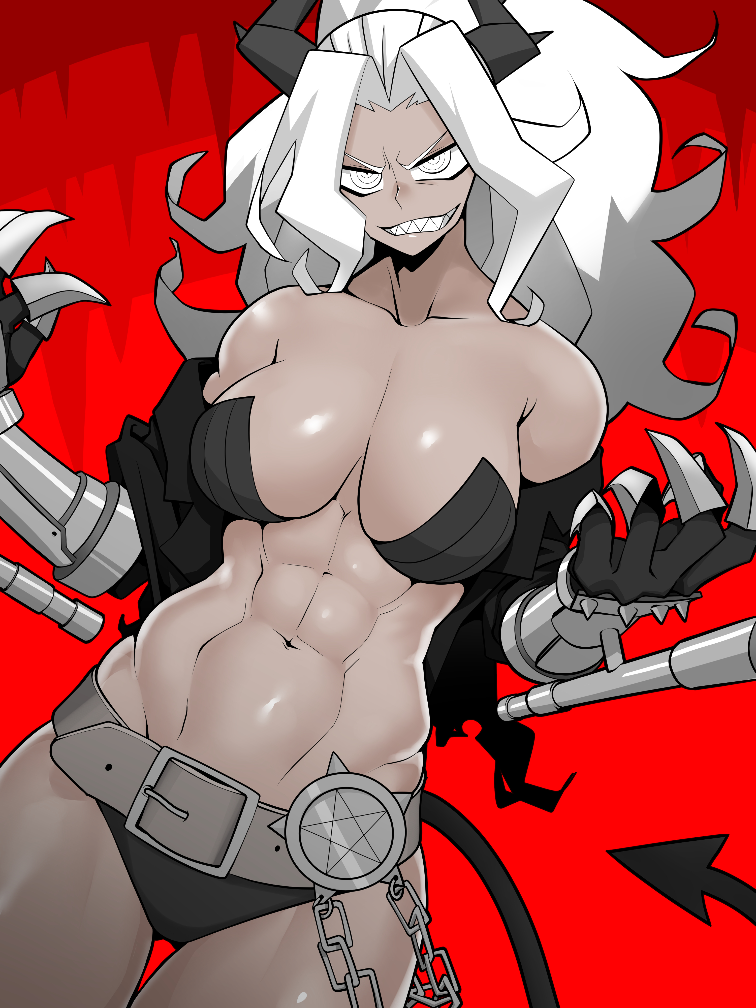 1girls, 2020, asha, belt, breasts, clothing, demon, demon girl, female, gauntlets, grey skin, helltaker, horns, judgement (helltaker), long hair, looking at viewer, red background, schector (asha000253), sharp teeth, six pack, smile, solo, tail, white eyes, white hair