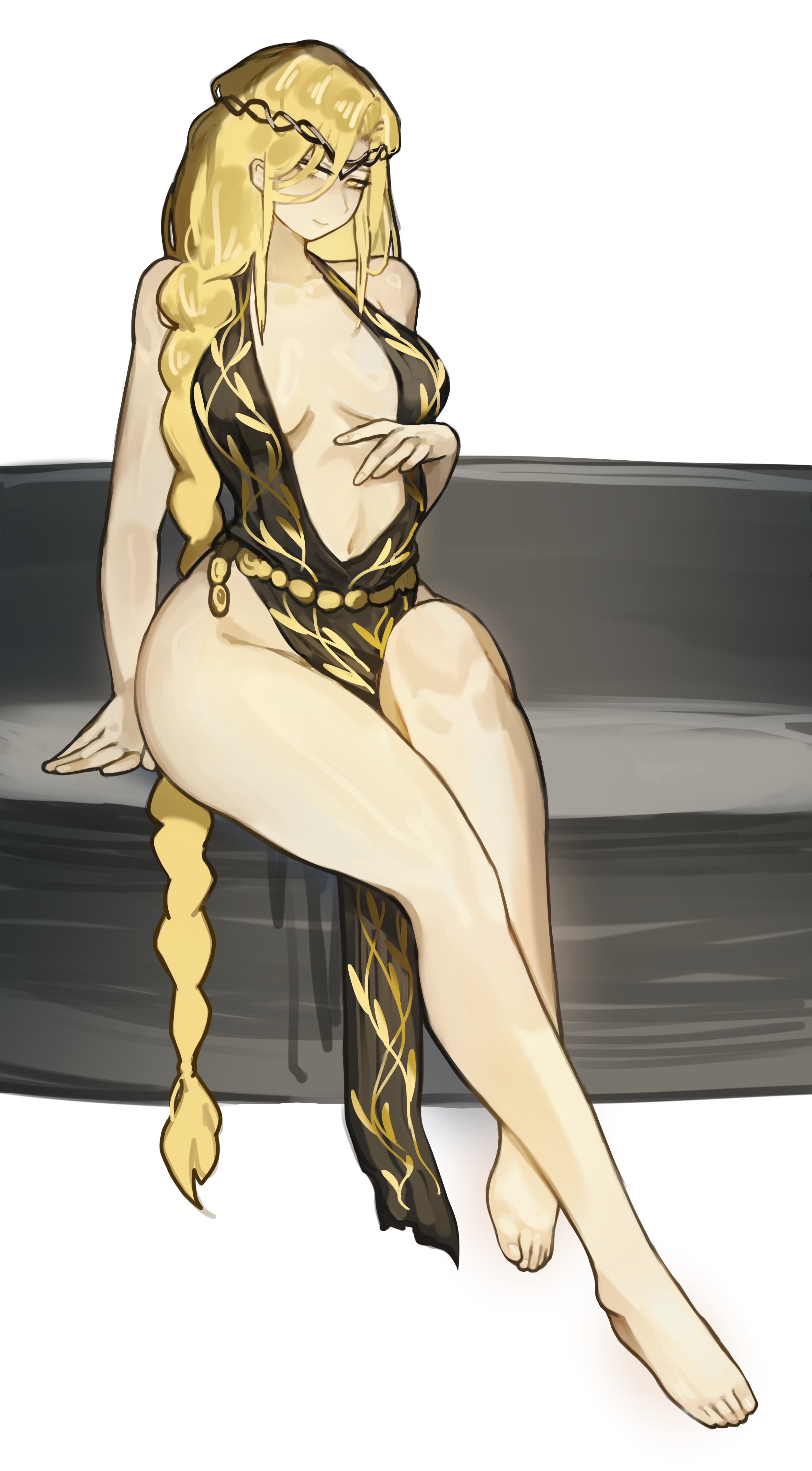 1girls, blonde hair, dildo, dildo in ass, dildo insertion, dildo sitting, dress, elden ring, feet, female, fromsoftware, hips, legs, looking at viewer, miaojiangyou, queen marika the eternal, sitting, solo, solo female, thick thighs, unseen penetration, wide hips, yellow eyes