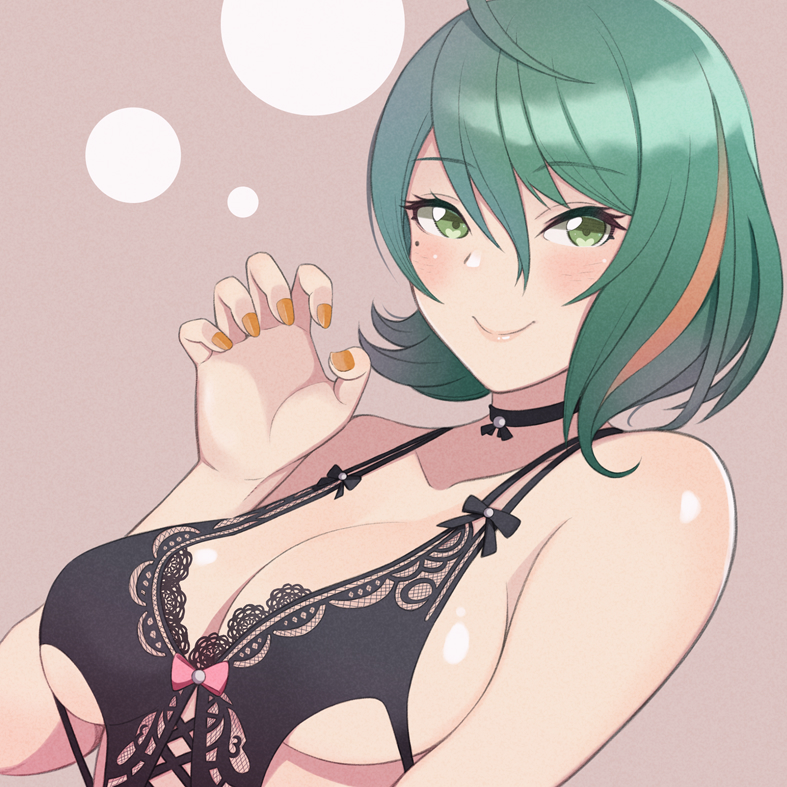 1girls beauty_mark blush breasts choker cleavage dead_or_alive dead_or_alive_xtreme_venus_vacation female female_only green_eyes green_hair konishiki_(52siki) lace lace_trim lingerie nail_polish simple_background smile solo tamaki_(doa) wavy_hair