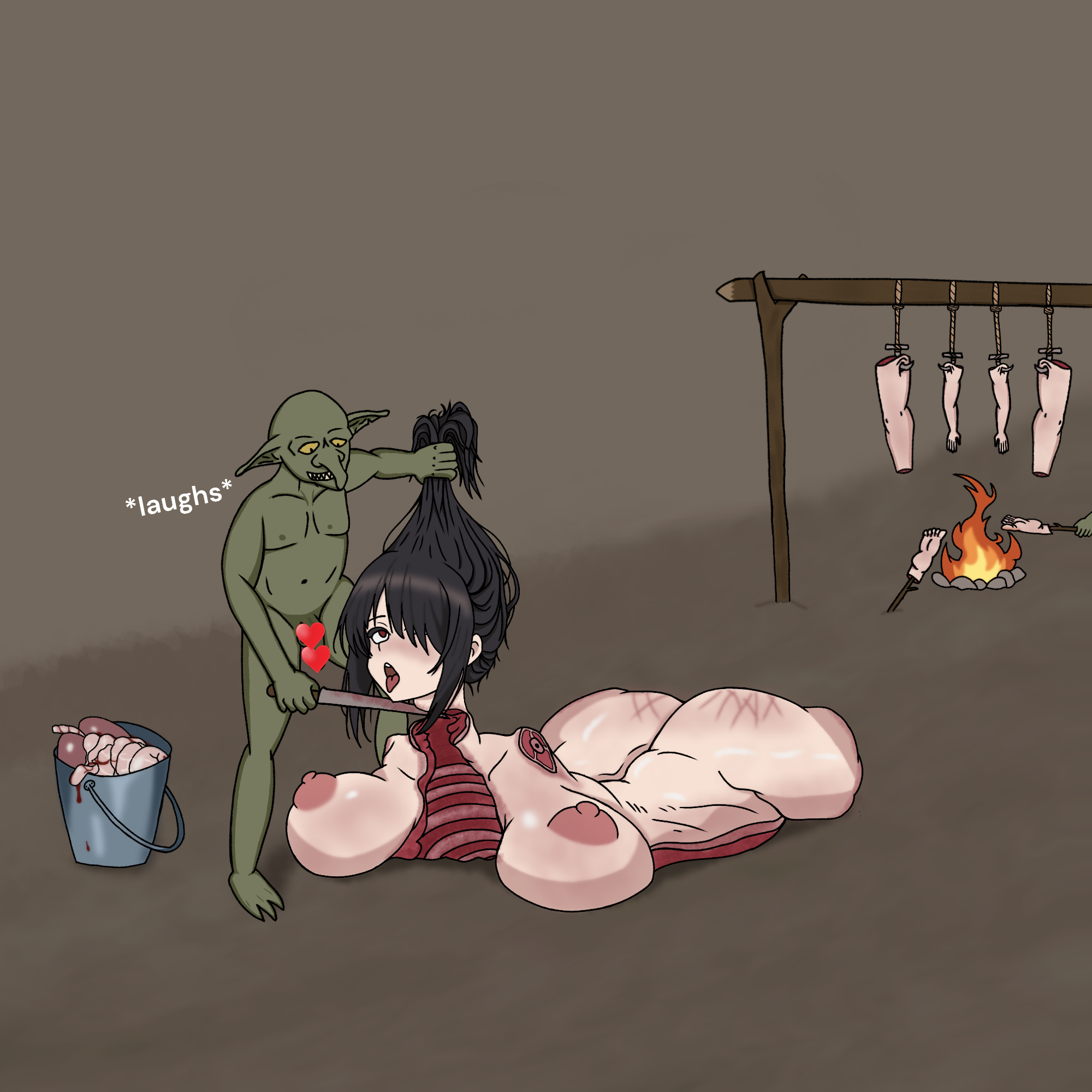 bad end, breasts, cannibalism, censored, censored penis, cooked, date a live, death, decapitation, defeated heroine, exposed ribs, female, female death, genhen, goblin, gore, guro, heart censor, imminent cannibalism, tokisaki kurumi