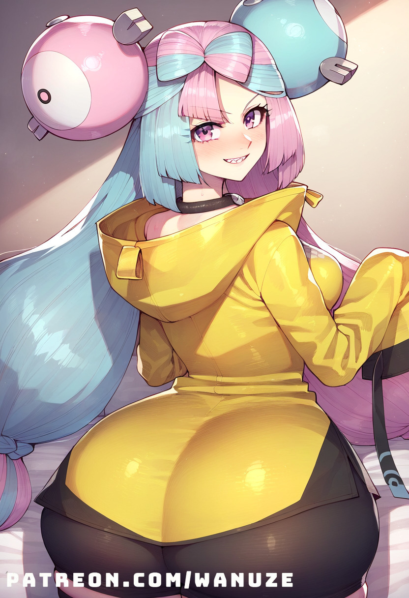 ai_generated big_ass big_butt big_thighs black_shorts blue_eyes blush from_behind from_behind_position hair_ornament huge_ass huge_butt huge_thighs iono_(pokemon) jacket medium_breasts multicolored_hair pink_eyes pink_hair pokemon sharp_teeth small_breasts wanuze wide_hips