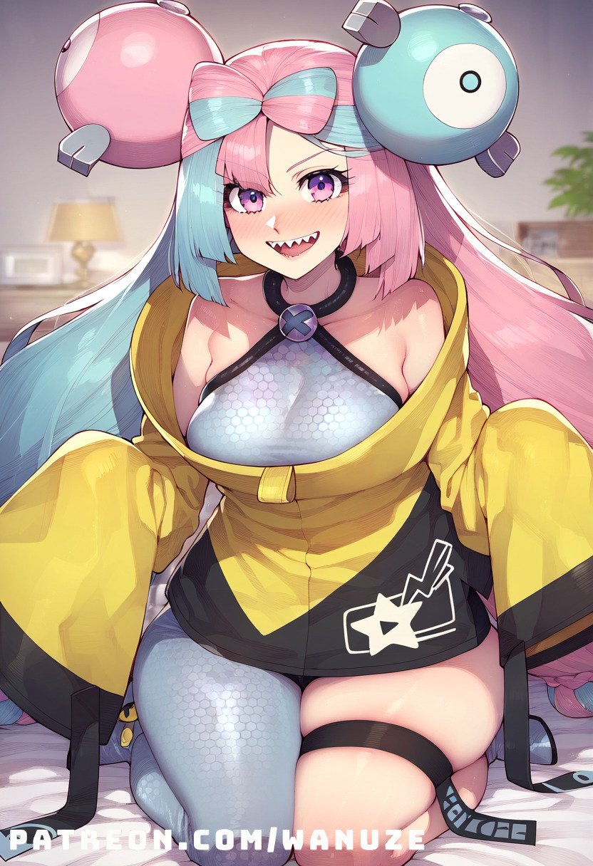 ai generated, ass, big ass, big butt, big thighs, black shorts, blue eyes, blush, breasts, female, female only, hair ornament, huge ass, huge butt, huge thighs, iono (pokemon), jacket, medium breasts, multicolored hair, pink eyes, pink hair, pokemon, sharp teeth, small breasts, wanuze, wide hips