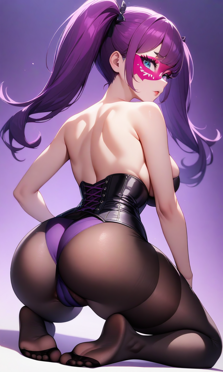 ai_generated bare_arms bare_back bare_shoulders blue_eyes cameltoe corset disney disney_channel eyebrows eyelashes eyeliner eyeshadow female hi_res kneeling ladybiquity_(character) large_ass large_breasts looking_back marinette_cheng marinette_dupain-cheng mask miraculous:_tales_of_ladybug_and_cat_noir miraculous_ladybug purple_hair solo solo_female solo_focus stockings thick_thighs twintails