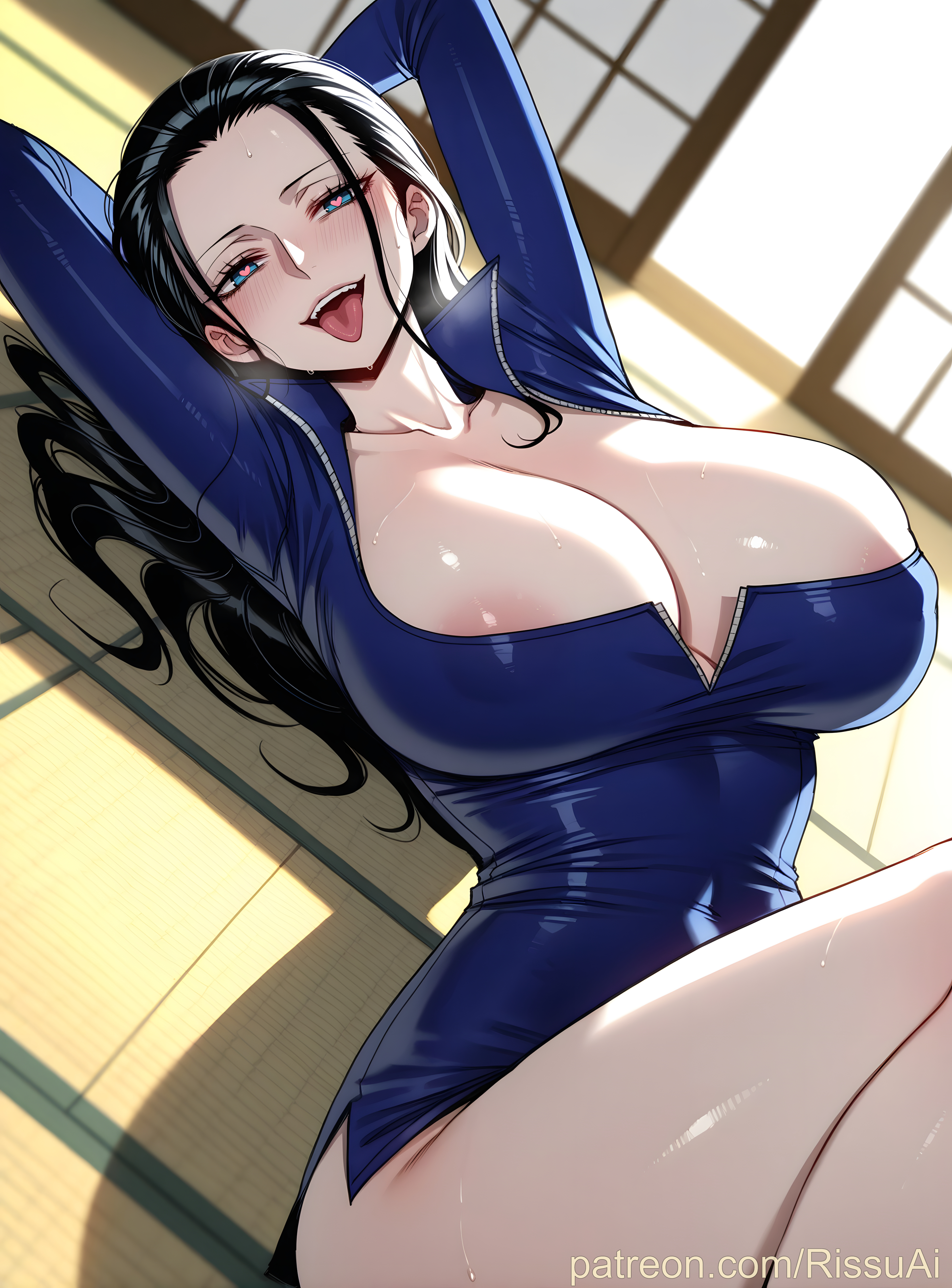 1girls, 2026, ai generated, arched back, big ass, big breasts, black hair, black-haired female, blue eyes, dark blue dress, day, dress, female, female only, heart-shaped pupils, hi res, high resolution, highres, horny, horny female, huge ass, huge breasts, in heat, indoors, inside, long hair, long sleeves, nico robin, on back, one piece, open dress, patreon, patreon username, perfect ass, perfect body, perfect boobs, perfect legs, rissuai, sexy, sexy body, sexy clothing, sexy female, sexy pose, steam, tongue out, wet