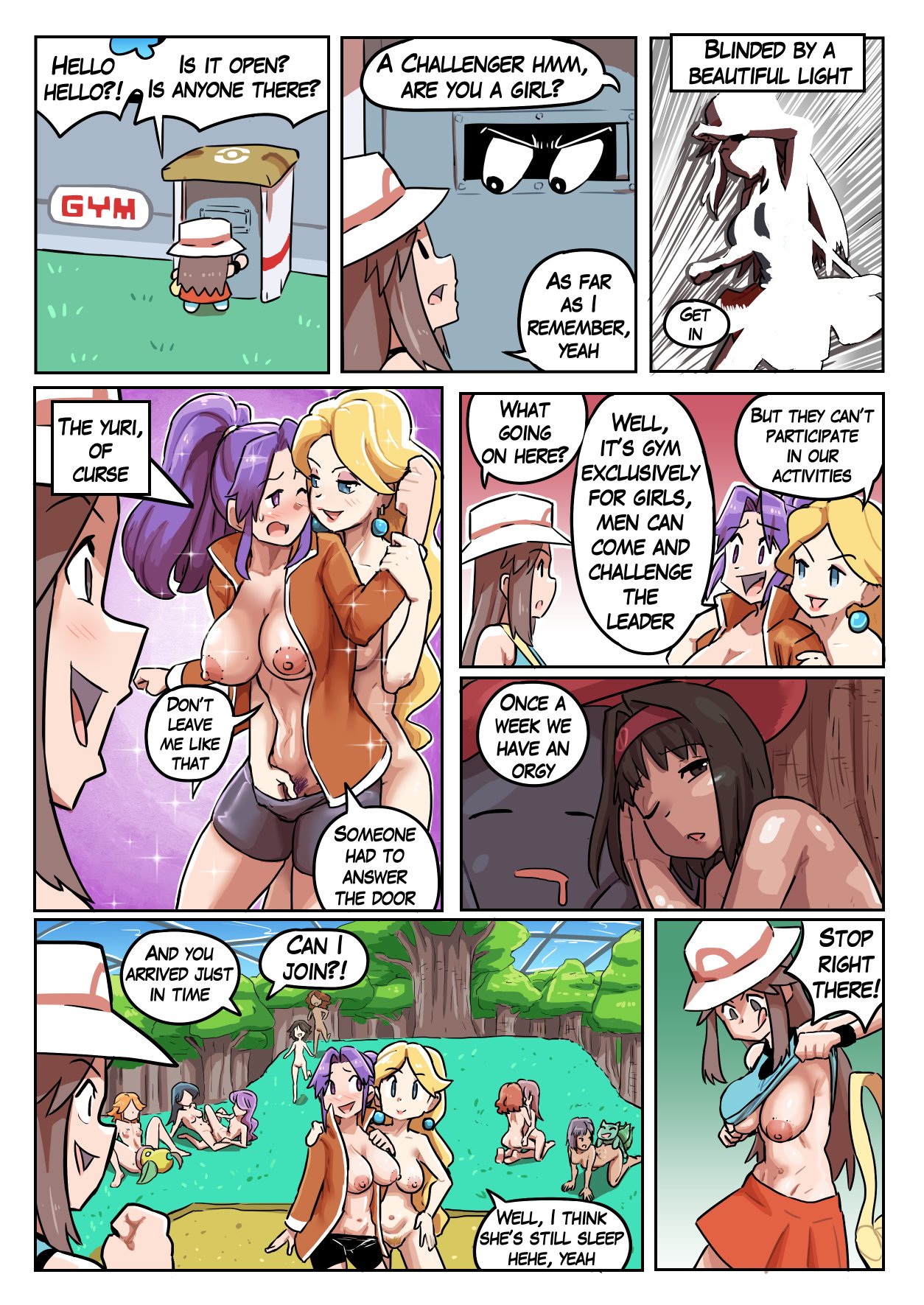 12girls, 6+girls, 8koma, ace trainer (pokemon frlg), ace trainer (pokemon), beauty (pokemon frlg), beauty (pokemon), black eyes, black hair, black shorts, blonde hair, blue eyes, blush, breasts, brown eyes, brown hair, bulbasaur, cleavage, comic, cooltrainer (pokemon frlg), cooltrainer (pokemon), cunnilingus, doggy style, earrings, english text, erika (pokemon), female, fingering, fingering partner, gym leader, hand in another's clothes, hand in another's shorts, hand in clothes, hand in shorts, hand under clothes, hat, jacket, kissing, knocking, knocking on door, large breasts, leaf (pokemon), long hair, multiple females, multiple girls, naked, navel, nintendo, nipples, no bra, no bra under clothes, npc trainer, one eye closed, open jacket, open mouth, pokemon, pokemon frlg, pokemon gym, pokephilia, ponytail, pubic hair, purple eyes, purple hair, red skirt, removing clothing, removing shirt, running, scissoring, short hair, shorts, skirt, speech bubble, stripping, text, tongue, tree, trees, tribadism, ukaya masaru mx, weepinbell, white hat, yuri