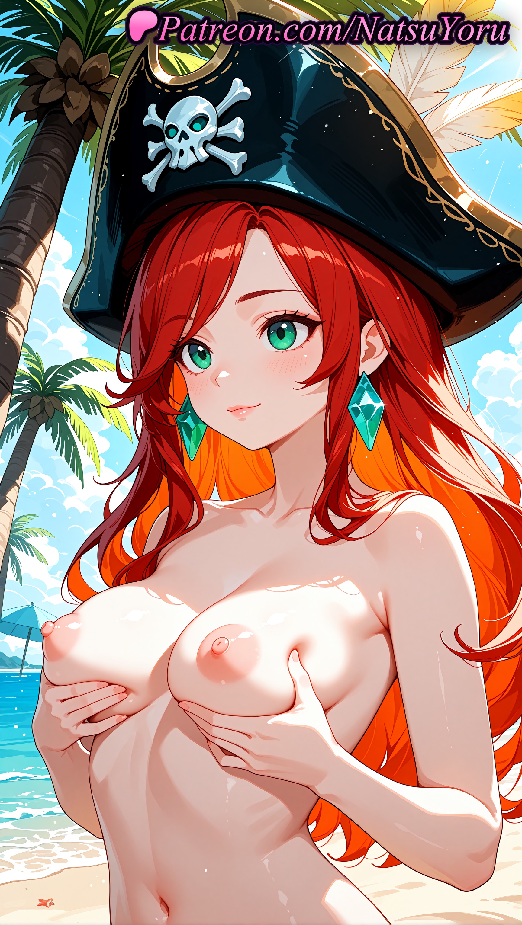 1girls, 2025, ai assisted, ai generated, anime, anime style, areolae, bangs, beach, bicorne, black headwear, blush, breast hold, breast lift, breasts, bust, busty, closed mouth, cloud, collarbone, colored inner hair, completely nude, day, earrings, female, female focus, female only, grabbing own breast, green eyes, hat, hat feather, hi res, high quality, high resolution, highres, jewelry, large breasts, league of legends, league of legends: wild rift, long hair, looking at viewer, medium breasts, miss fortune, multicolored hair, natsuyoru, navel, nipples, nipples outside, non-asian, nude, nude female, ocean, orange hair, outdoors, palm tree, patreon, pirate, pirate hat, red hair, riot games, sky, smile, solo, solo female, stable diffusion, stomach, tree, two-tone hair, uncensored nipples, upper body, voluptuous, voluptuous female
