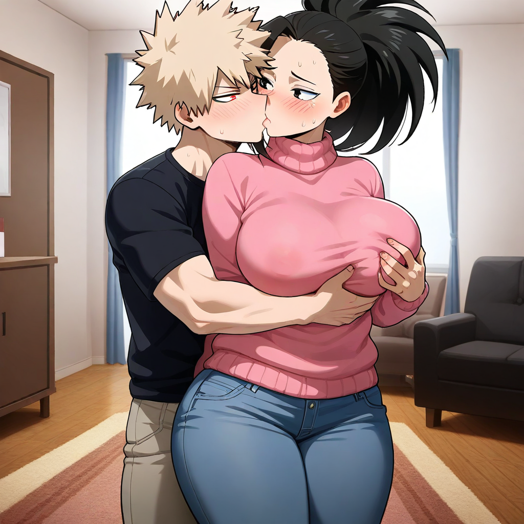 1boy 1girls ai_generated boku_no_hero_academia couple katsuki_bakugou my_hero_academia sensual yaoyorozu_momo