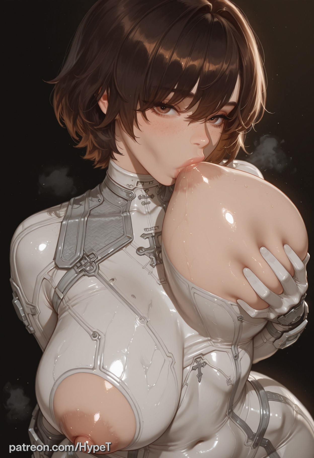 1girl, ai generated, alternate version at source, asian, asian female, big ass, big butt, big hips, bodysuit, brown hair, child bearing hips, evie (stellar blade), hips wider than shoulders, huge ass, hypet, medium breasts, self breast sucking, shift up, shiny, shiny skin, short hair, simple background, standing, steam, steaming body, stellar blade, stellar blade: blood rain, sucking nipple, sucking own breasts, tagme, thick, thick ass, thick hips, thick legs, thick thighs, thighs, tight clothing, tight fit, tomboy, white bodysuit, wide hips