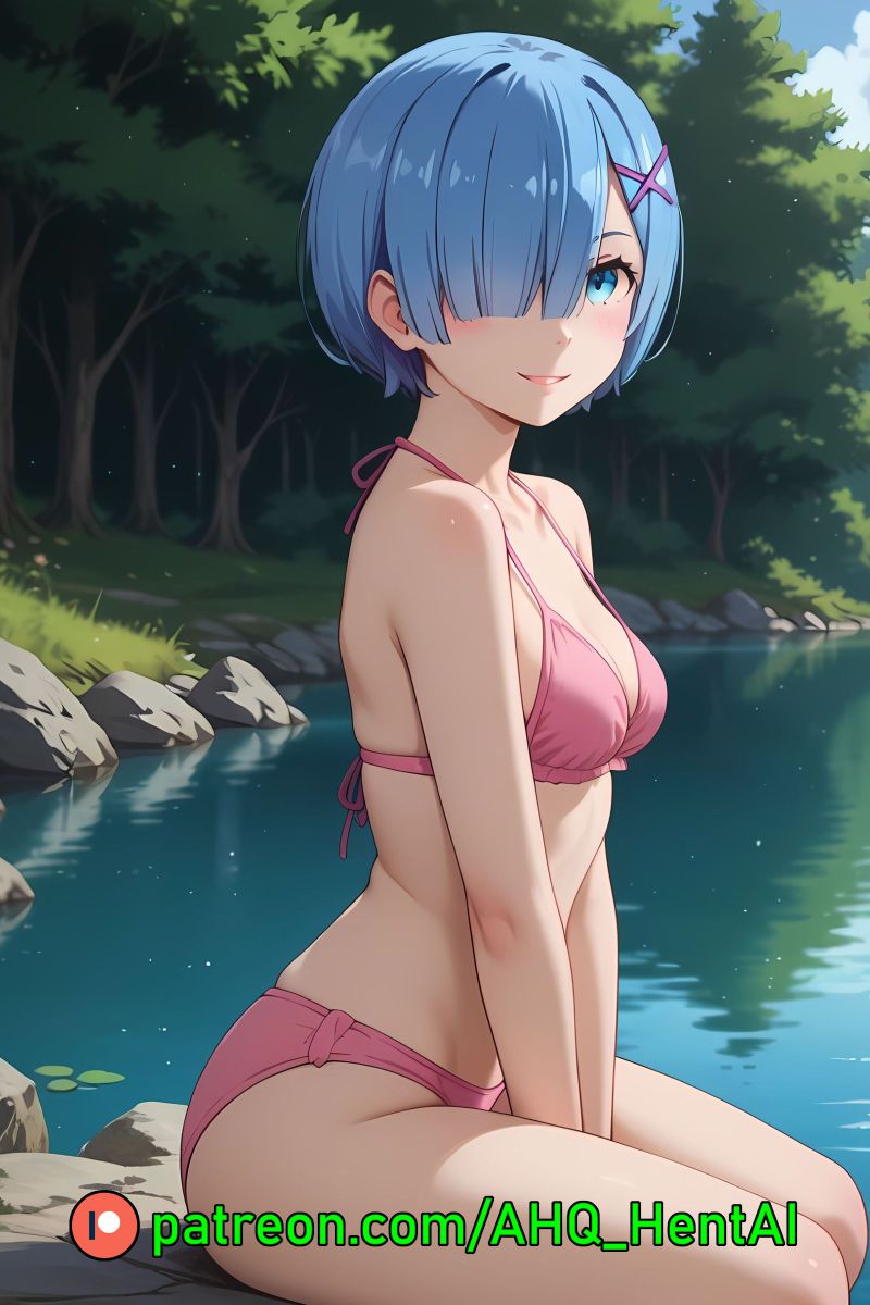 1girls ahq_hentai ai_generated bikini blue_hair blush breasts lake medium_breasts patreon perfect_body pink_bikini re:zero_kara_hajimeru_isekai_seikatsu rem_(re:zero) shy sitting stable_diffusion