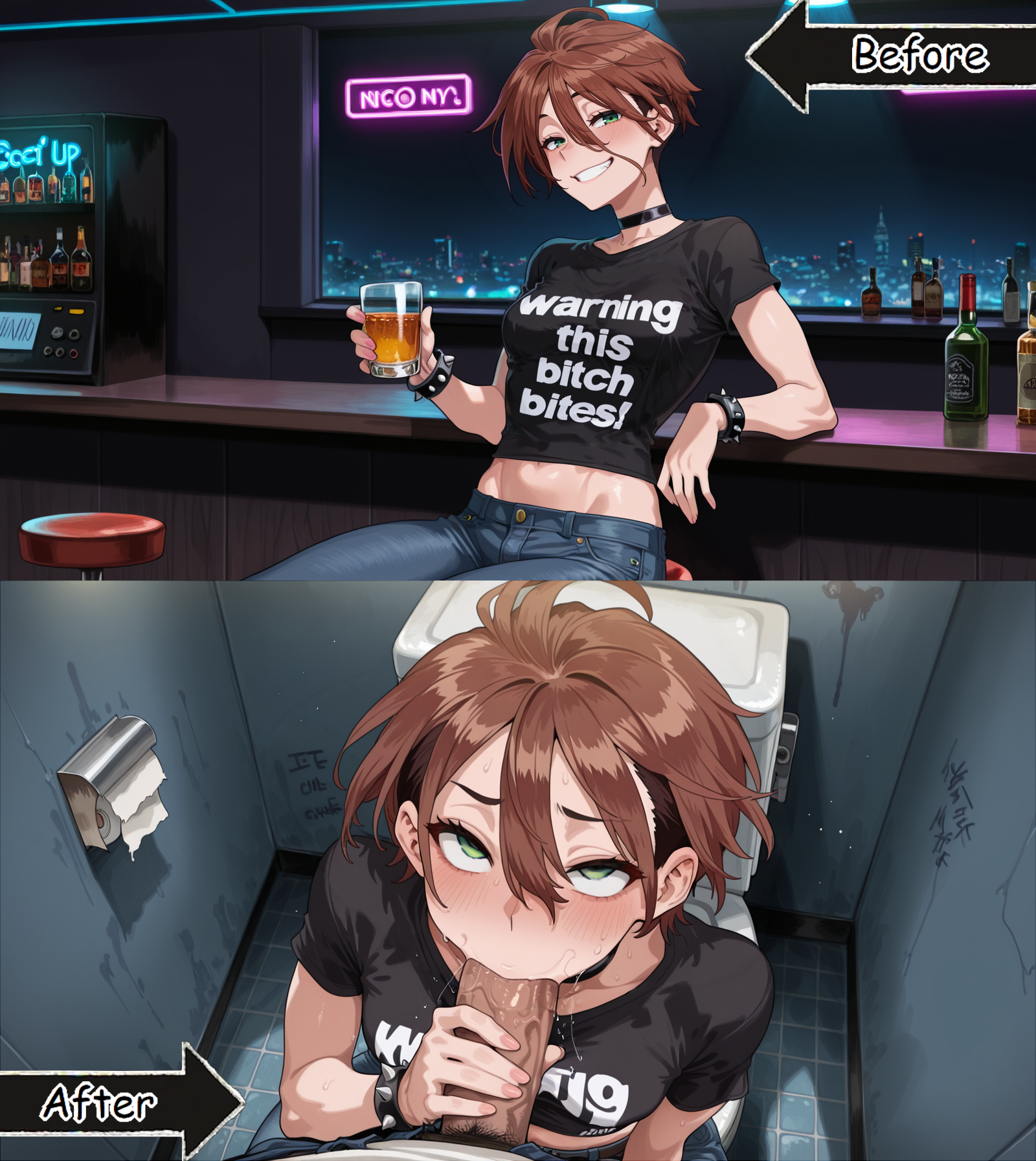 adult female, ahe gao, ai generated, alcoholic drink, bar counter, before and after, black shirt, blowjob, blowjob face, blush, breasts, brown hair, choker, club restroom, enjoying giving oral, fanfiction, fellatio, female, genderswap, genderswap (mtf), green eyes, grin, hair between eyes, hand on penis, jeans, large penis, long bangs, looking at viewer, male, male pov, neon lights, nightclub, nighttime, oral sex, penis, public toilet, punk girl, rolling eyes, rule 63, ryousuke (tsf monogatari), saliva, seductive look, short hair, sitting on barstool, sitting on toilet, small breasts, smug face, spiked bracelet, text on clothing, tomboy, tsf monogatari, tsf-mango, undercut