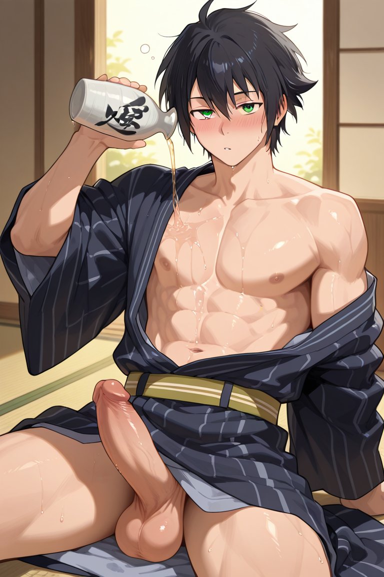 ai_generated alcohol balls drunk erection erotico98 gay hyakuya_yuuichirou muscles muscular muscular_male owari_no_seraph pecs penis yaoi