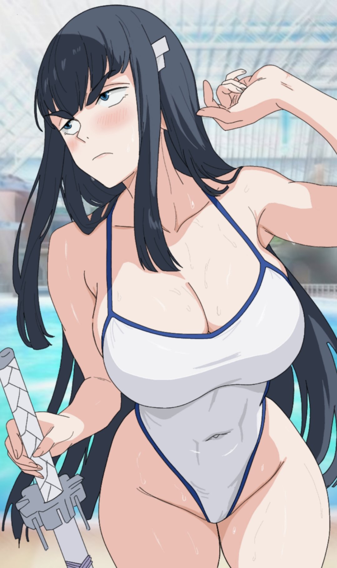 2d arm_up big_breasts black_hair blush child_bearing_hips cleavage color embarrassed embarrassed_female kill_la_kill kiryuuin_satsuki long_hair looking_away one-piece_swimsuit re_xlives slim_waist swimsuit tagme teenager thick thick_ass thick_eyebrows thick_thighs wet_body wet_skin wide_hips