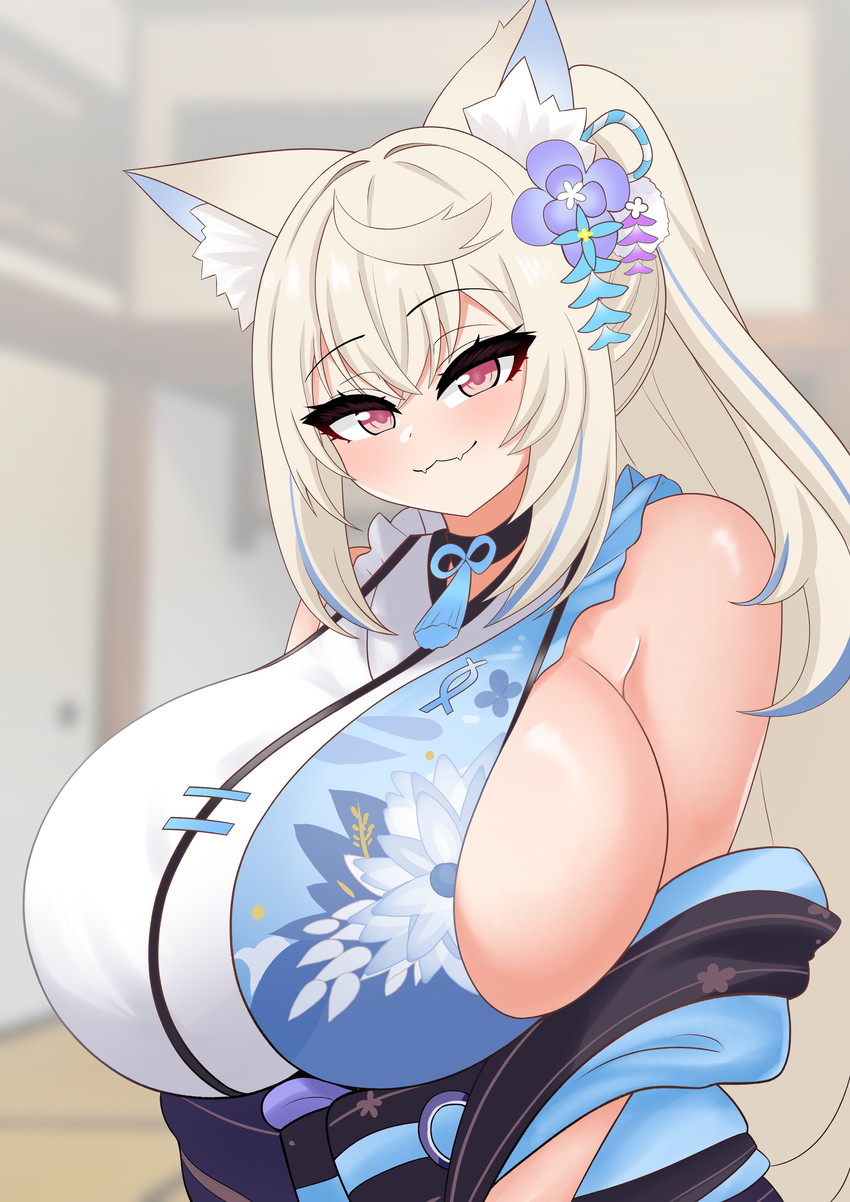 :3, 1girls, animal ears, blonde hair, blue hair, blurry, blurry background, blush, breasts, closed mouth, dog ears, dog girl, fangs, female, fuwawa abyssgard, fuwawa abyssgard (new year), hololive, hololive english, hololive english -advent-, huge breasts, indoors, light skin, light-skinned female, long hair, looking at viewer, multicolored hair, ponytail, red eyes, sideboob, smile, solo, the only shoe, upper body, virtual youtuber