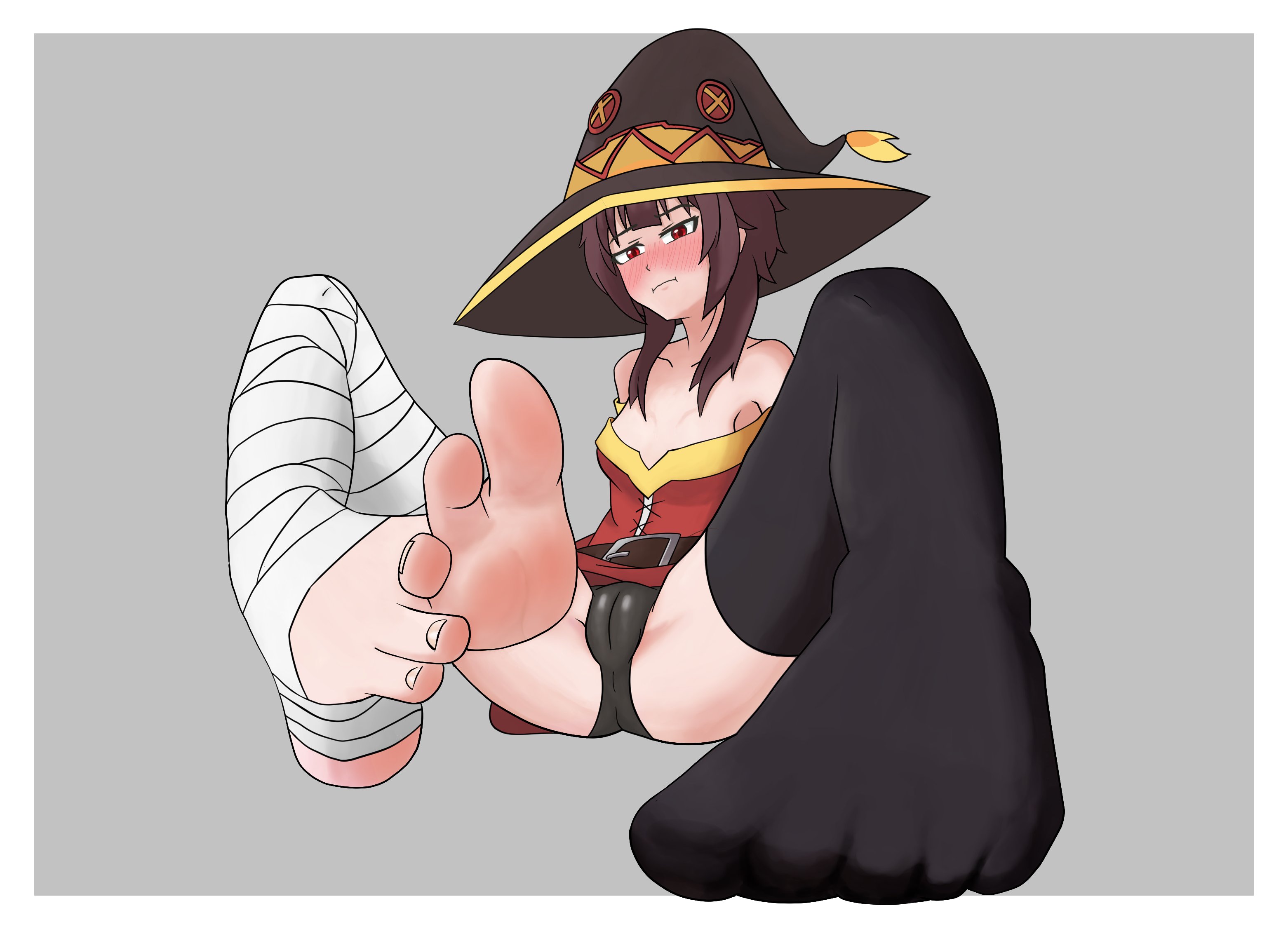 clothing, female, female focus, female only, foot fetish, gweniig, hat, kono subarashii sekai ni shukufuku wo!, looking at viewer, megumin, no shoes, rubber, thigh highs