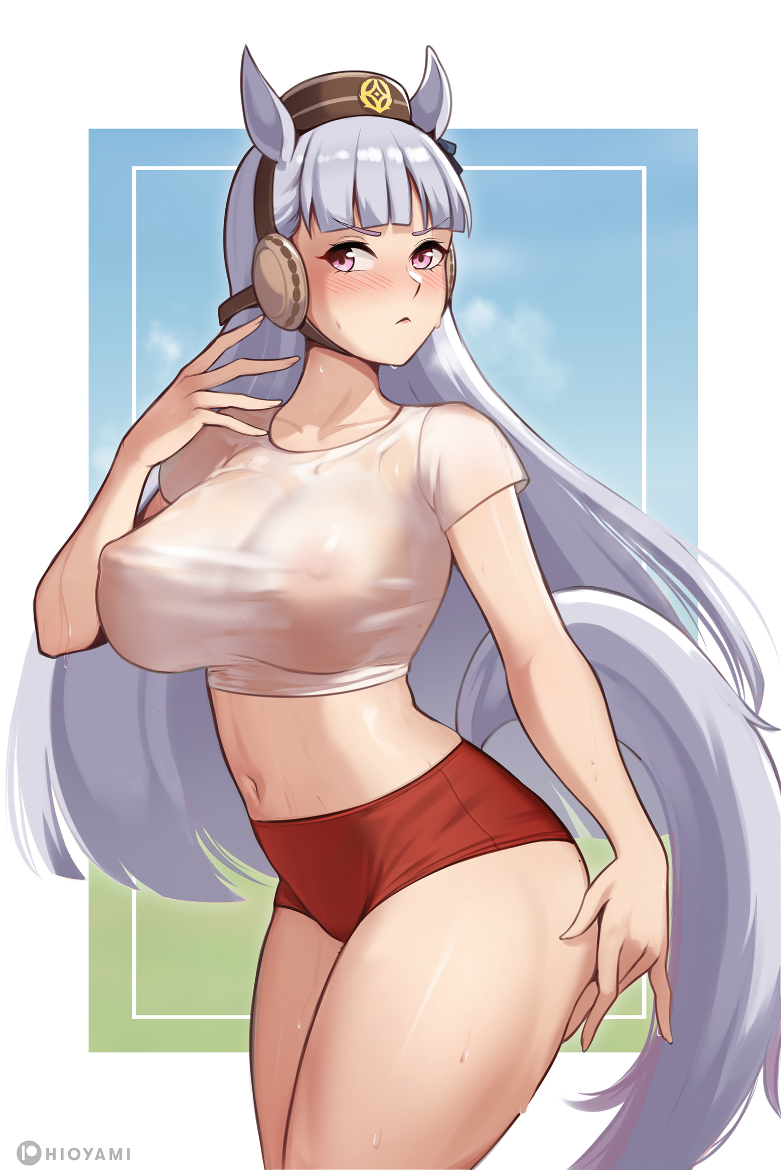 :<, 1girls, animal ears, arms, belly, big breasts, blush, breasts, buruma, cap, collarbone, cropped shirt, female, female only, gold ship (umamusume), highres, hioyami, horse ears, kemonomimi, large breasts, light skin, light-skinned female, looking at viewer, looking away, navel, nipples, nipples visible through clothing, no bra, nose, pink eyes, pout, see-through, see-through clothing, see-through shirt, shirt, shorts, solo, standing, stomach, sweat, sweatdrop, sweating, t-shirt, tail, thick thighs, thighs, transparent clothing, umamusume, waist, white hair, white shirt