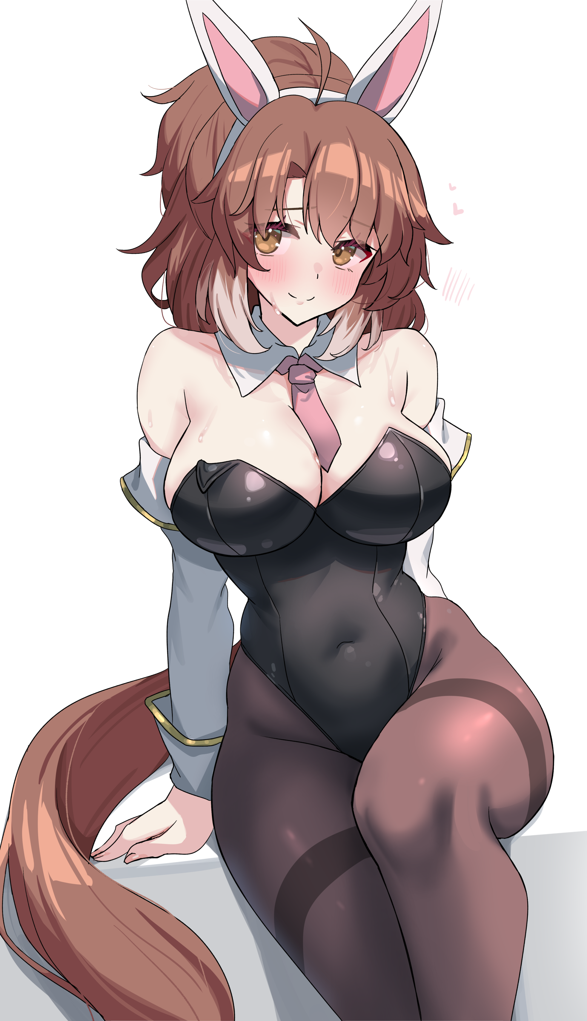 1girl, black leotard, brown eyes, brown hair, cleavage, closed mouth, dantsu flame (umamusume), horse ears, horse girl, horse tail, kibihimi, large breasts, playboy bunny, smile, solo, umamusume, umamusume pretty derby