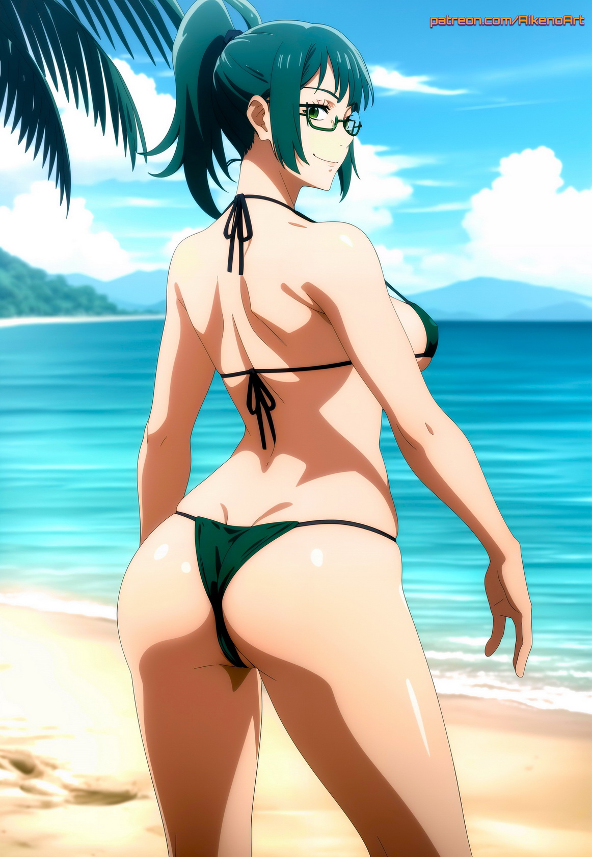 1girls, abs, ai generated, aikenoart, bare breasts, big breasts, bikini, bikini bottom, bikini top, blush, breasts, clothed, clothing, color, dress, female, female focus, female only, fit, fit female, glasses, green hair, hi res, jujutsu kaisen, large breasts, light skin, light-skinned female, lipstick, looking at viewer, mommy, muscles, muscular, muscular arms, muscular female, muscular legs, muscular thighs, nipples, red lipstick, short hair, solo, solo female, tagme, thick thighs, yellow eyes, zenin maki
