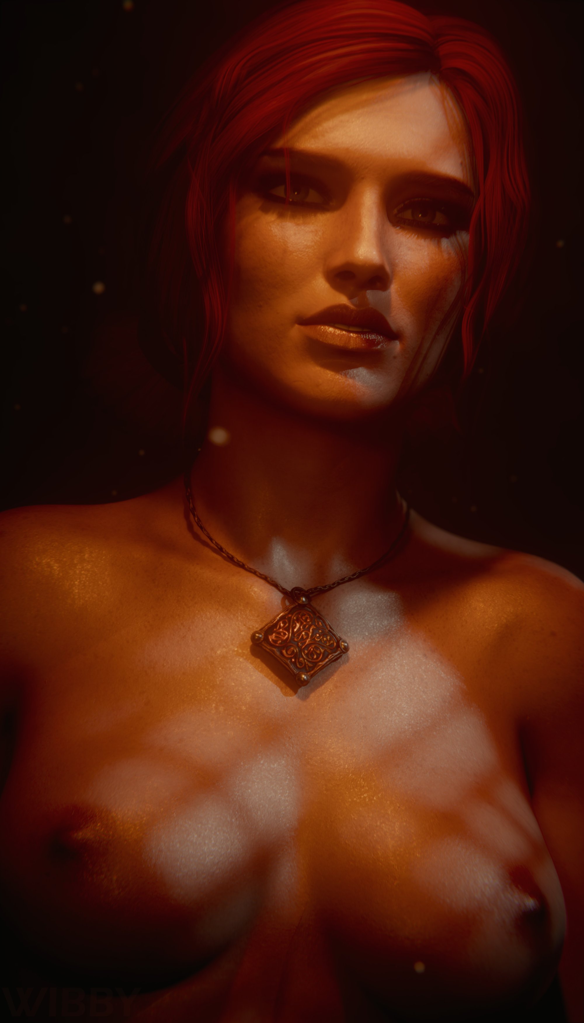3d, breasts, cd projekt red, completely nude, female, freckles, light skin, light-skinned female, looking at viewer, mascara, necklace, nipples, nude, red eyes, solo, solo female, the witcher (series), the witcher 3: wild hunt, triss merigold, wibby