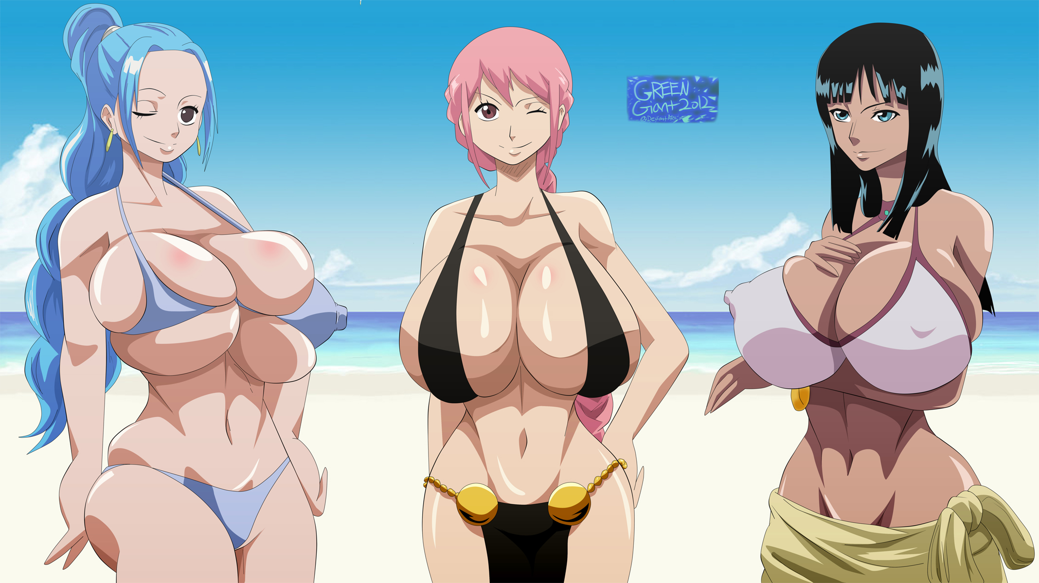 3girls, ass, beach, big ass, big butt, bikini, black hair, blue eyes, blue hair, braid, breast press, breasts, brown eyes, busty, cleavage, cloud, dark skin, dark-skinned female, day, earrings, erect nipples, eyebrows, eyelashes, female, female only, fingers, gigantic breasts, greengiant2012, grey eyes, hand on breast, hips, hourglass figure, human, large breasts, long hair, looking at viewer, multiple females, multiple girls, nefertari vivi, nico robin, nipples, one eye closed, one piece, ponytail, pre-timeskip, princess, rebecca (one piece), shiny, shiny skin, sky, smile, stomach, thighs, tied hair, very long hair, voluptuous, water, wink